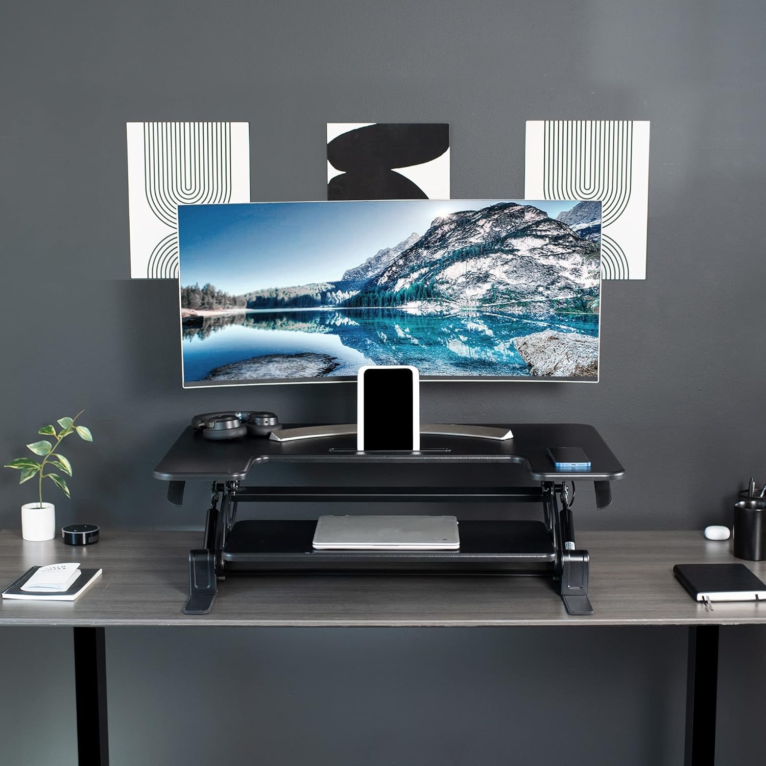 image:imageVIVO 32 inch Height Adjustable Stand Up Desk Converter V Series Quick Sit to Stand Tabletop Dual Monitor Riser Workstation Black DESKV000VSBlack