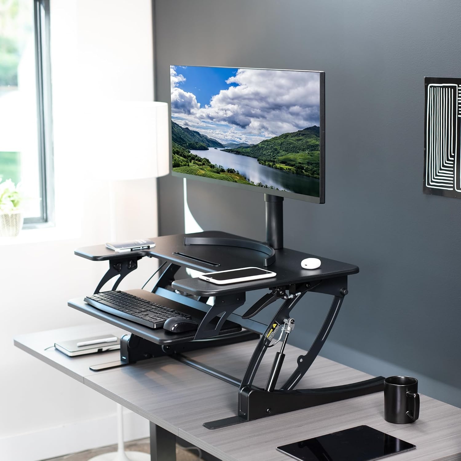 image:imageVIVO 32 inch Height Adjustable Stand Up Desk Converter V Series Quick Sit to Stand Tabletop Dual Monitor Riser Workstation Black DESKV000VSBlack