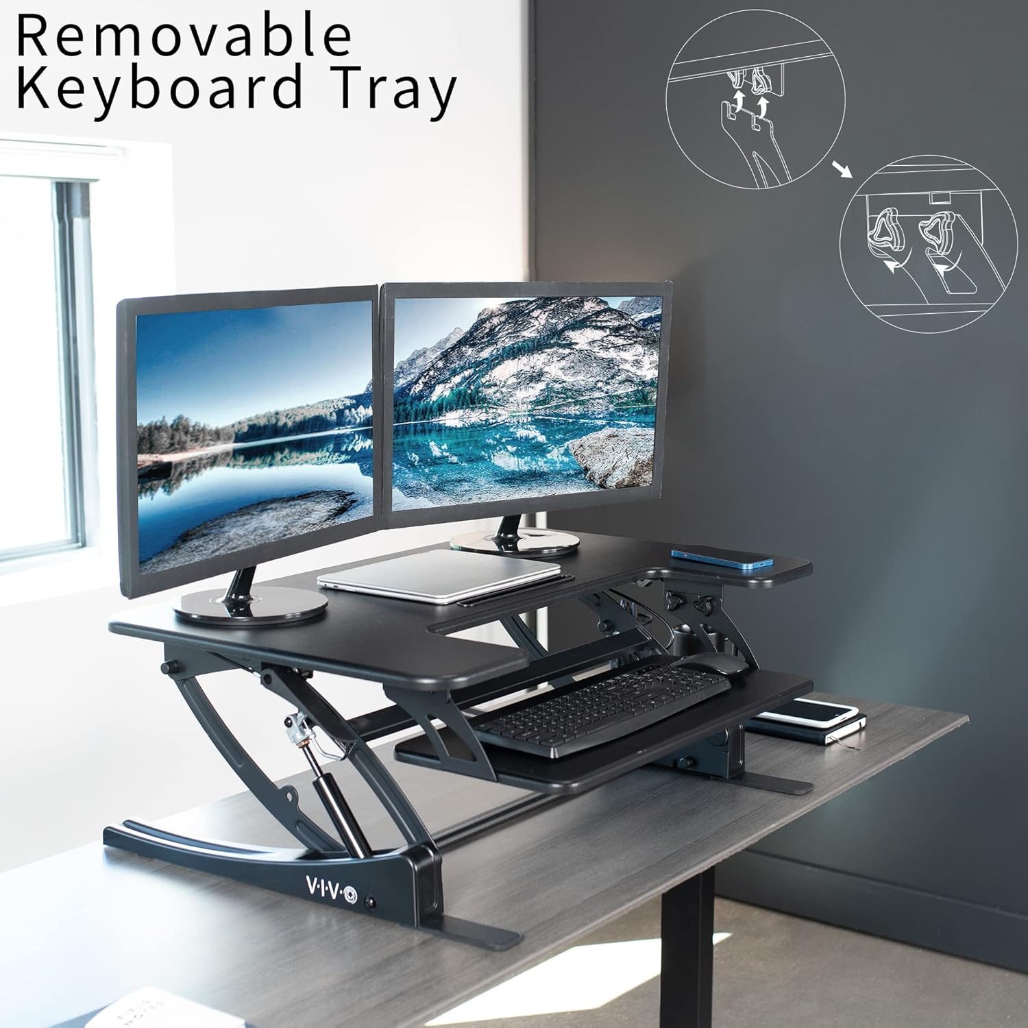 image:imageVIVO 32 inch Height Adjustable Stand Up Desk Converter V Series Quick Sit to Stand Tabletop Dual Monitor Riser Workstation Black DESKV000VSBlack