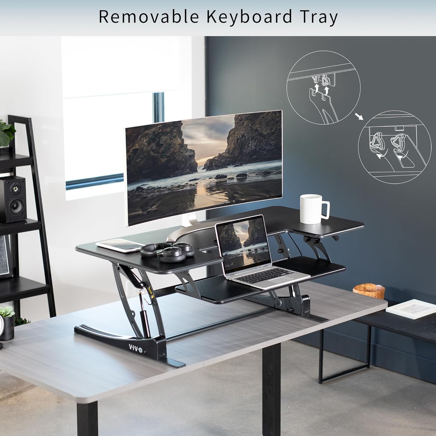 image:imageVIVO 32 inch Height Adjustable Stand Up Desk Converter V Series Quick Sit to Stand Tabletop Dual Monitor Riser Workstation Black DESKV000VSBlack