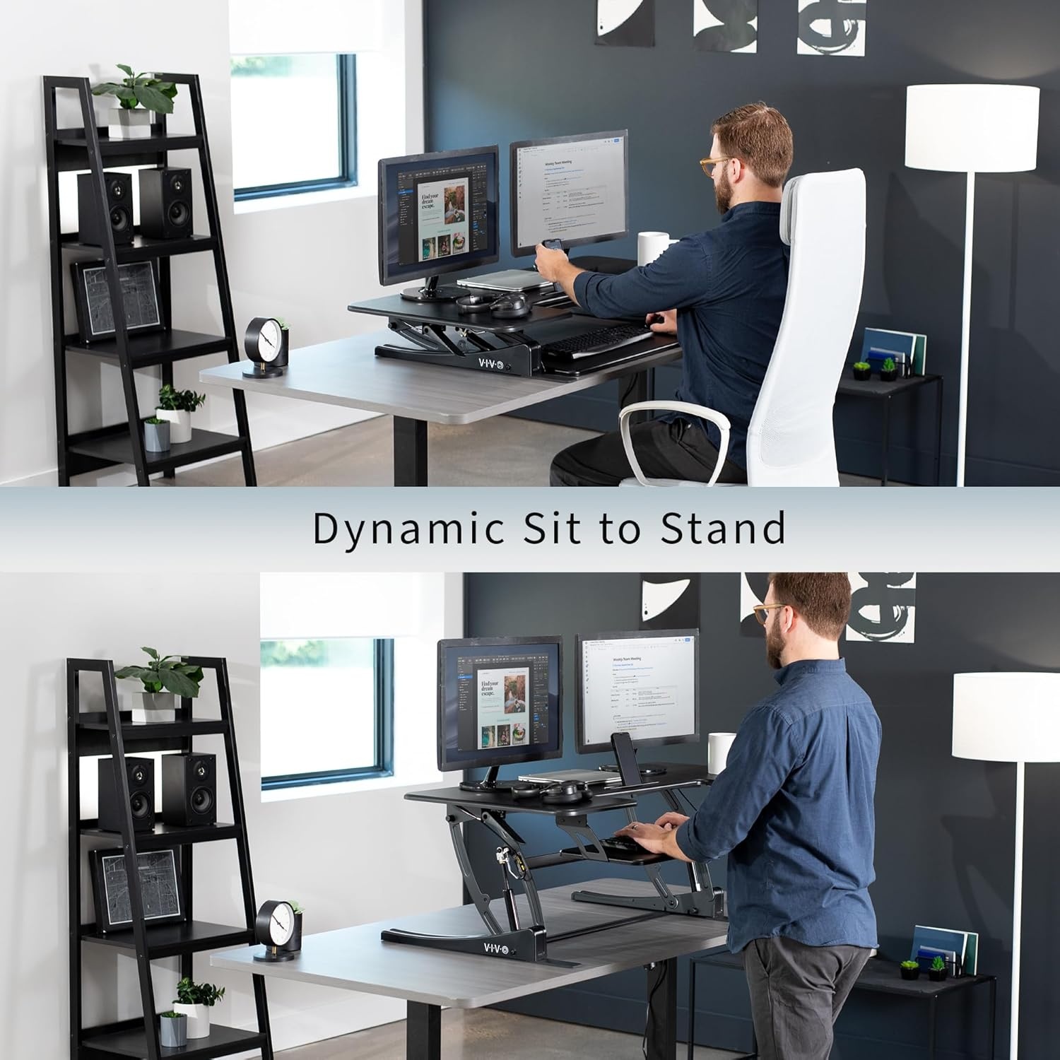 image:imageVIVO 32 inch Height Adjustable Stand Up Desk Converter V Series Quick Sit to Stand Tabletop Dual Monitor Riser Workstation Black DESKV000VSBlack