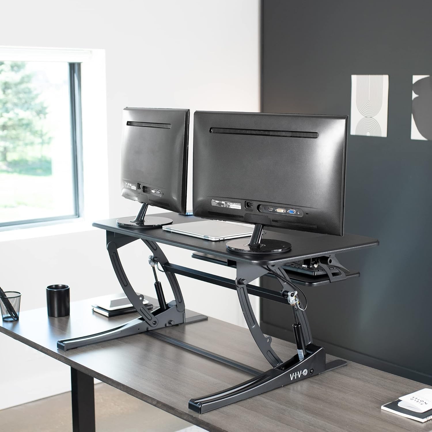 image:imageVIVO 32 inch Height Adjustable Stand Up Desk Converter V Series Quick Sit to Stand Tabletop Dual Monitor Riser Workstation Black DESKV000VSBlack