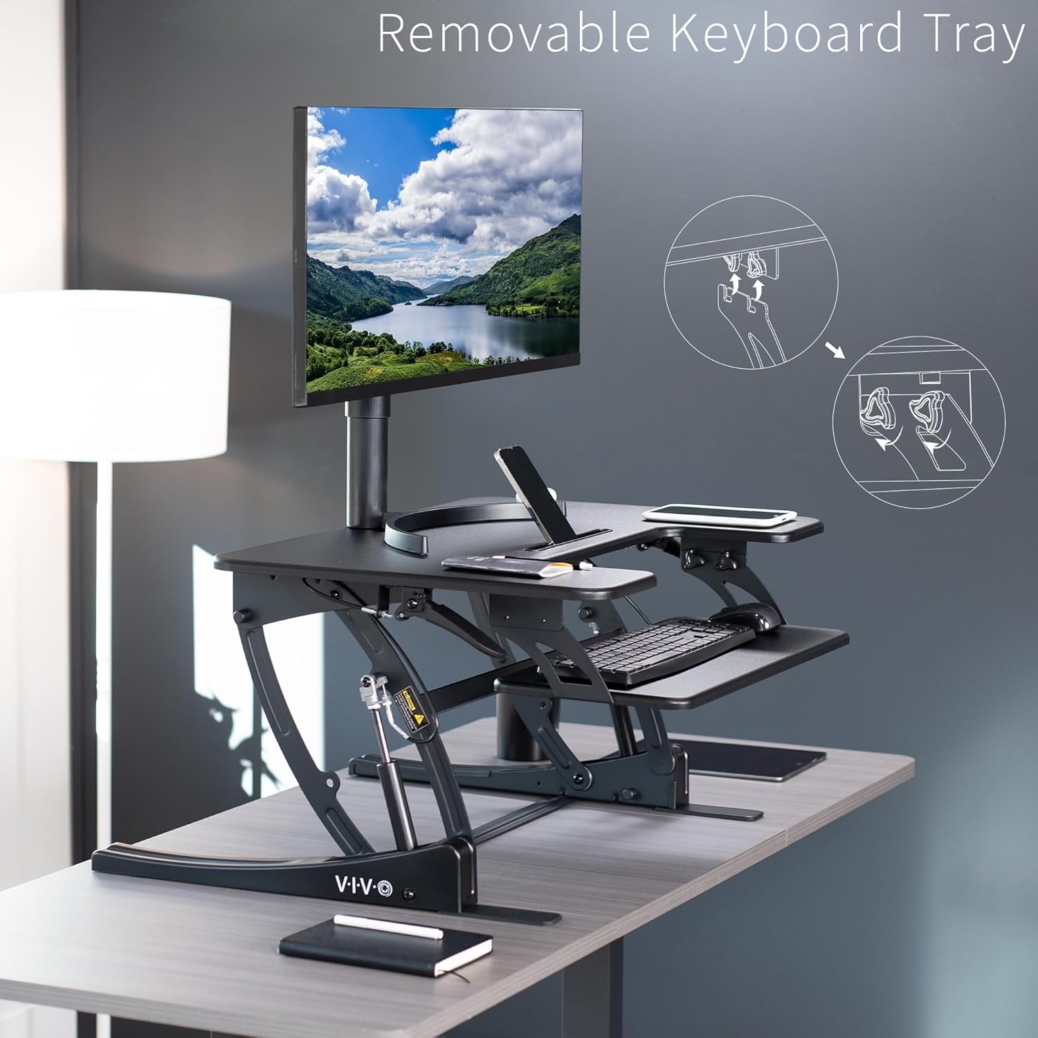 image:imageVIVO 32 inch Height Adjustable Stand Up Desk Converter V Series Quick Sit to Stand Tabletop Dual Monitor Riser Workstation Black DESKV000VSBlack