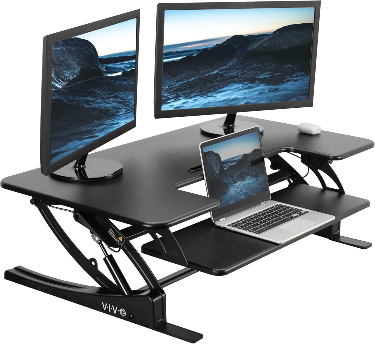 image:imageVIVO 32 inch Height Adjustable Stand Up Desk Converter V Series Quick Sit to Stand Tabletop Dual Monitor Riser Workstation Black DESKV000VSBlack