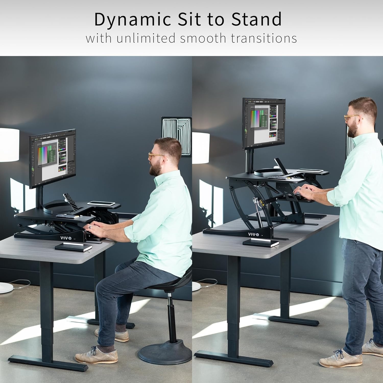 image:imageVIVO 32 inch Height Adjustable Stand Up Desk Converter V Series Quick Sit to Stand Tabletop Dual Monitor Riser Workstation Black DESKV000VSBlack