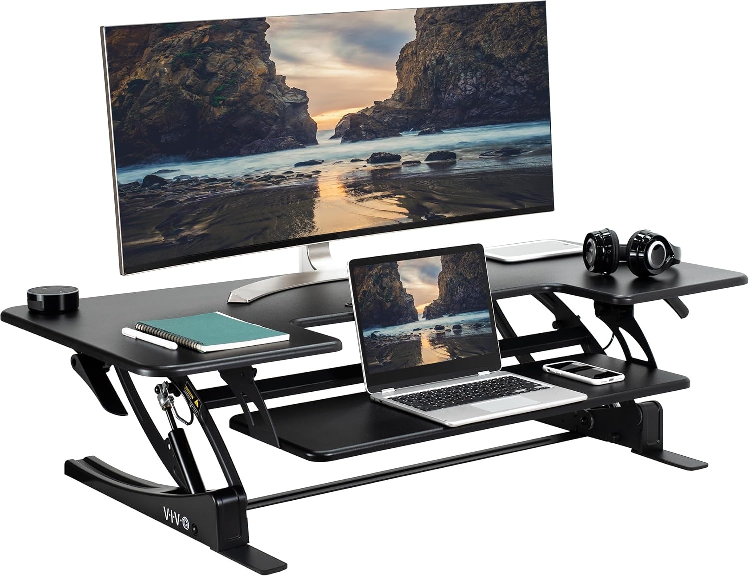 image:imageVIVO 32 inch Height Adjustable Stand Up Desk Converter V Series Quick Sit to Stand Tabletop Dual Monitor Riser Workstation Black DESKV000VSBlack