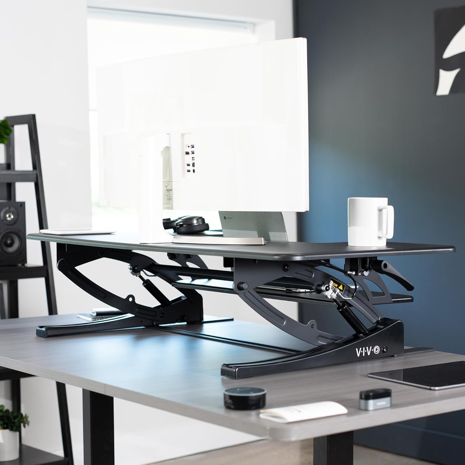 image:imageVIVO 32 inch Height Adjustable Stand Up Desk Converter V Series Quick Sit to Stand Tabletop Dual Monitor Riser Workstation Black DESKV000VSBlack