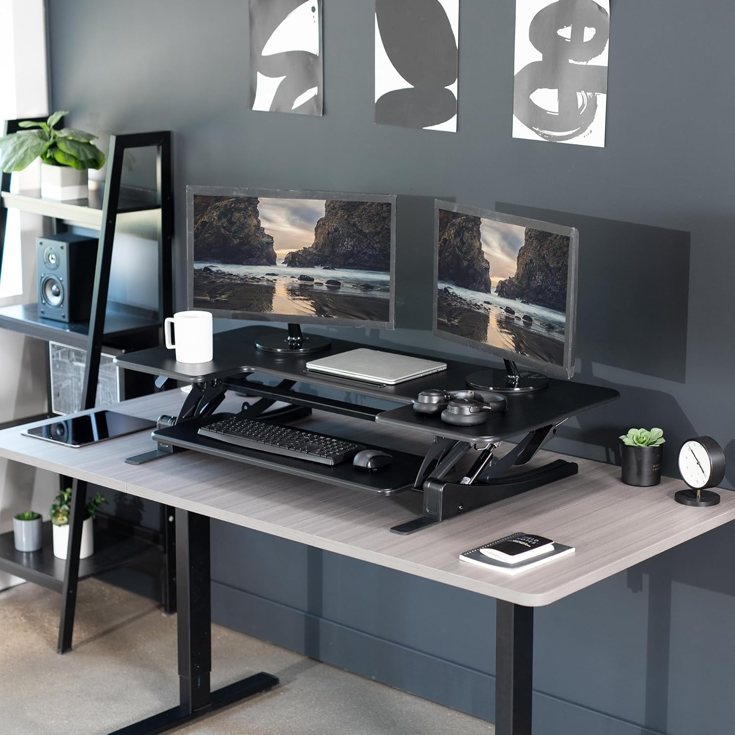 image:imageVIVO 32 inch Height Adjustable Stand Up Desk Converter V Series Quick Sit to Stand Tabletop Dual Monitor Riser Workstation Black DESKV000VSBlack