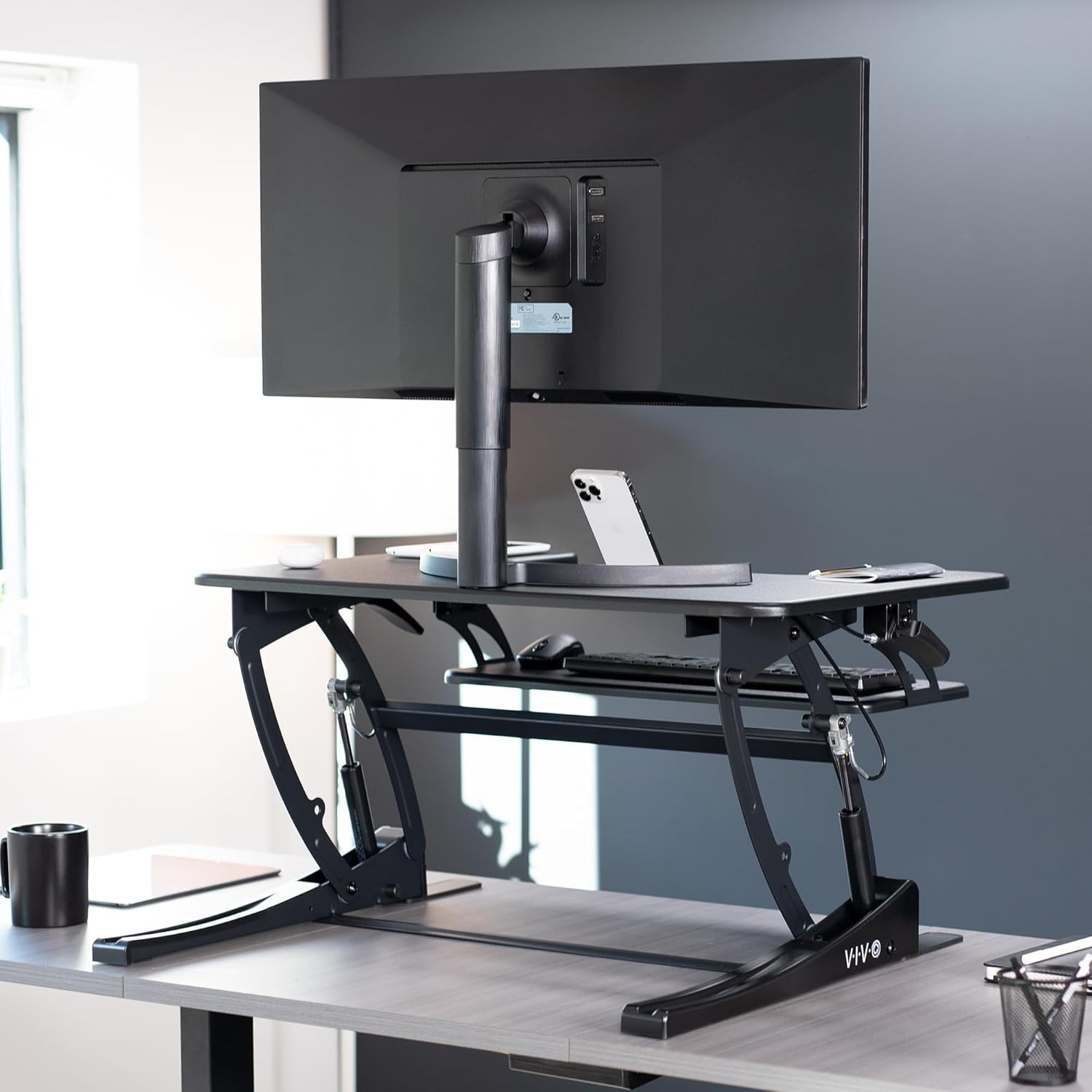 image:imageVIVO 32 inch Height Adjustable Stand Up Desk Converter V Series Quick Sit to Stand Tabletop Dual Monitor Riser Workstation Black DESKV000VSBlack