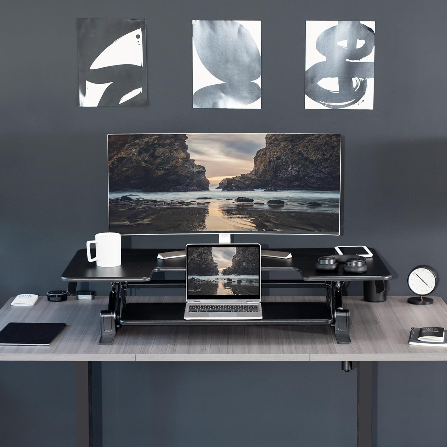 image:imageVIVO 32 inch Height Adjustable Stand Up Desk Converter V Series Quick Sit to Stand Tabletop Dual Monitor Riser Workstation Black DESKV000VSBlack