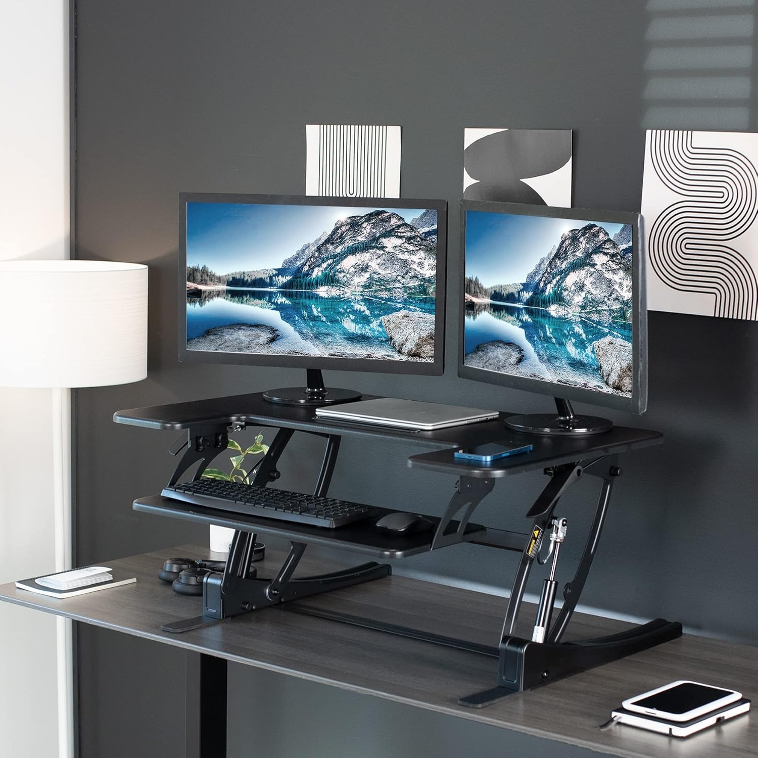 image:imageVIVO 32 inch Height Adjustable Stand Up Desk Converter V Series Quick Sit to Stand Tabletop Dual Monitor Riser Workstation Black DESKV000VSBlack