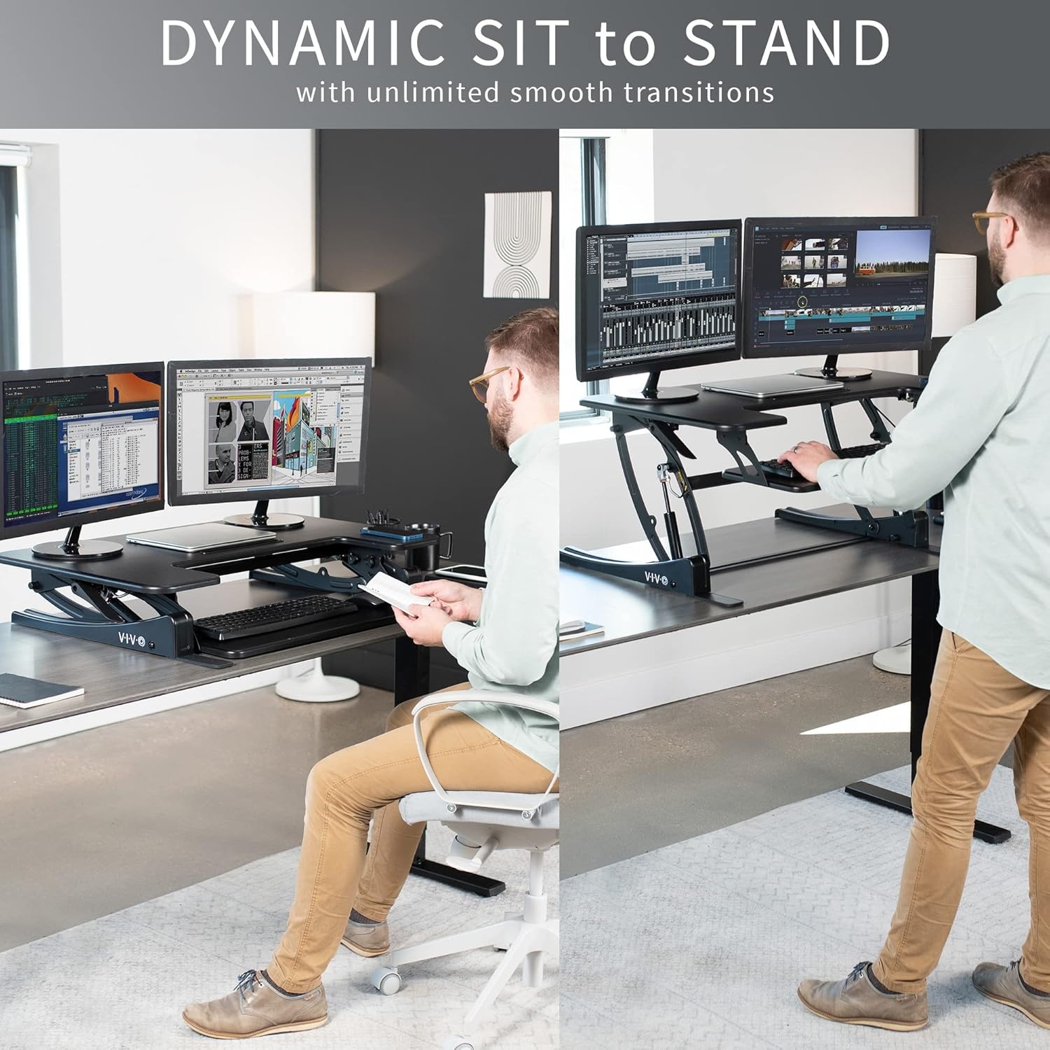 image:imageVIVO 32 inch Height Adjustable Stand Up Desk Converter V Series Quick Sit to Stand Tabletop Dual Monitor Riser Workstation Black DESKV000VSBlack