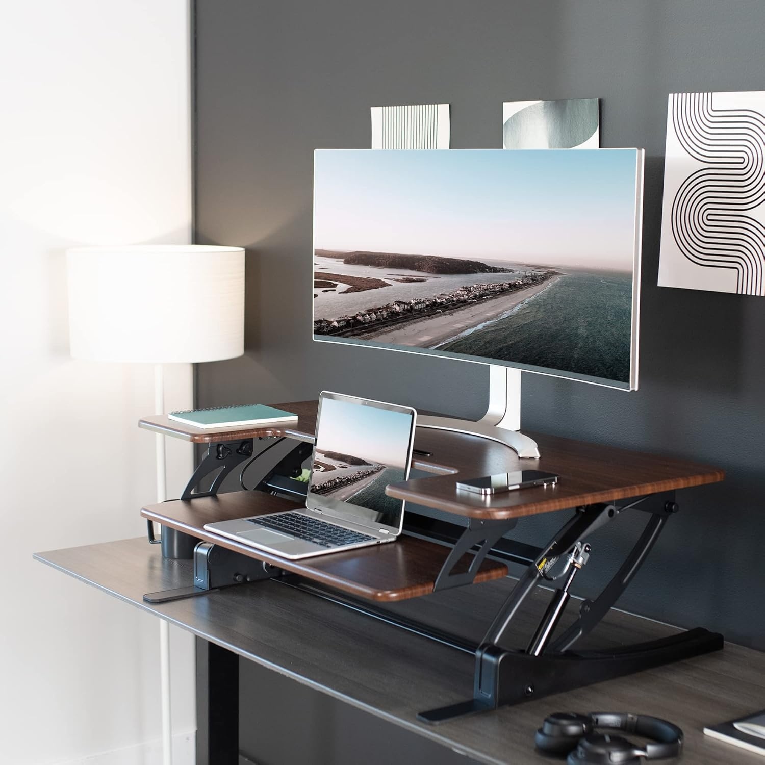 image:imageVIVO 32 inch Height Adjustable Stand Up Desk Converter V Series Quick Sit to Stand Tabletop Dual Monitor Riser Workstation Black DESKV000VSDark Walnut
