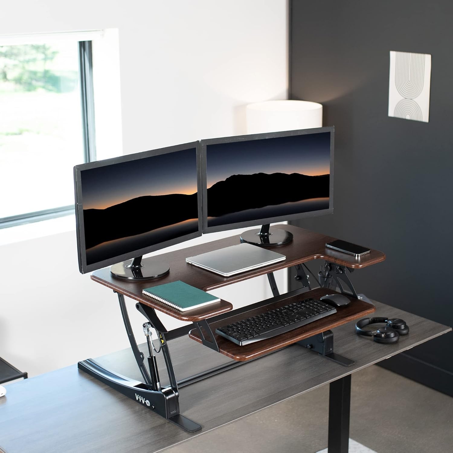 image:imageVIVO 32 inch Height Adjustable Stand Up Desk Converter V Series Quick Sit to Stand Tabletop Dual Monitor Riser Workstation Black DESKV000VSDark Walnut
