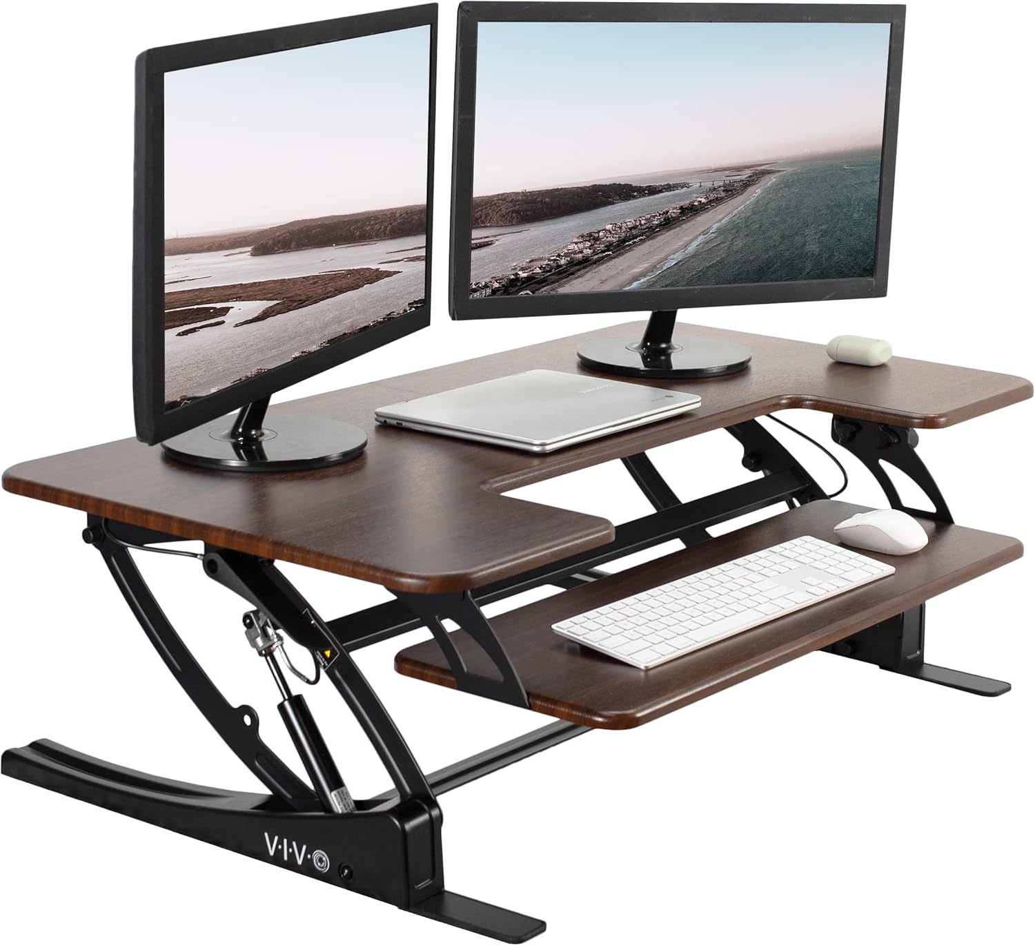 image:imageVIVO 32 inch Height Adjustable Stand Up Desk Converter V Series Quick Sit to Stand Tabletop Dual Monitor Riser Workstation Black DESKV000VSDark Walnut