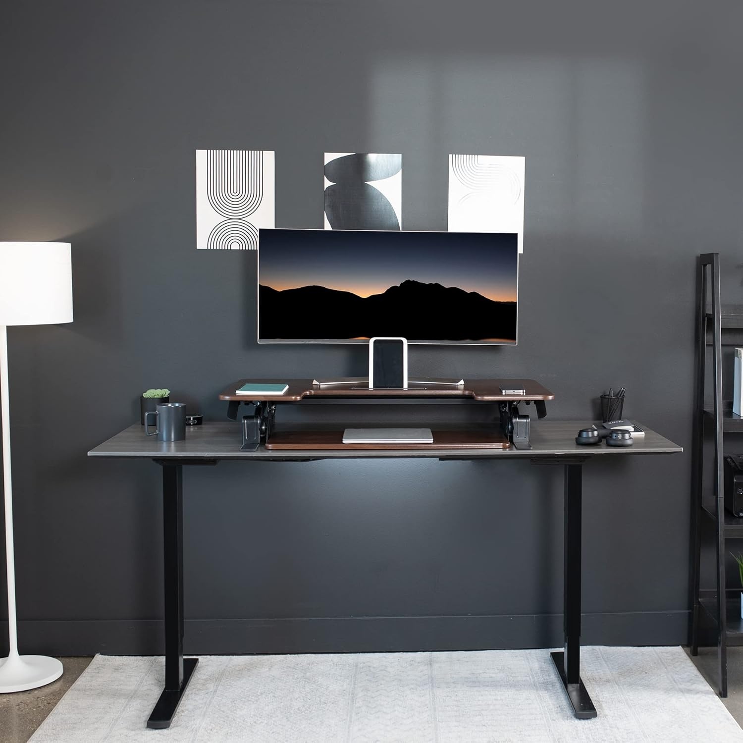 image:imageVIVO 32 inch Height Adjustable Stand Up Desk Converter V Series Quick Sit to Stand Tabletop Dual Monitor Riser Workstation Black DESKV000VSDark Walnut