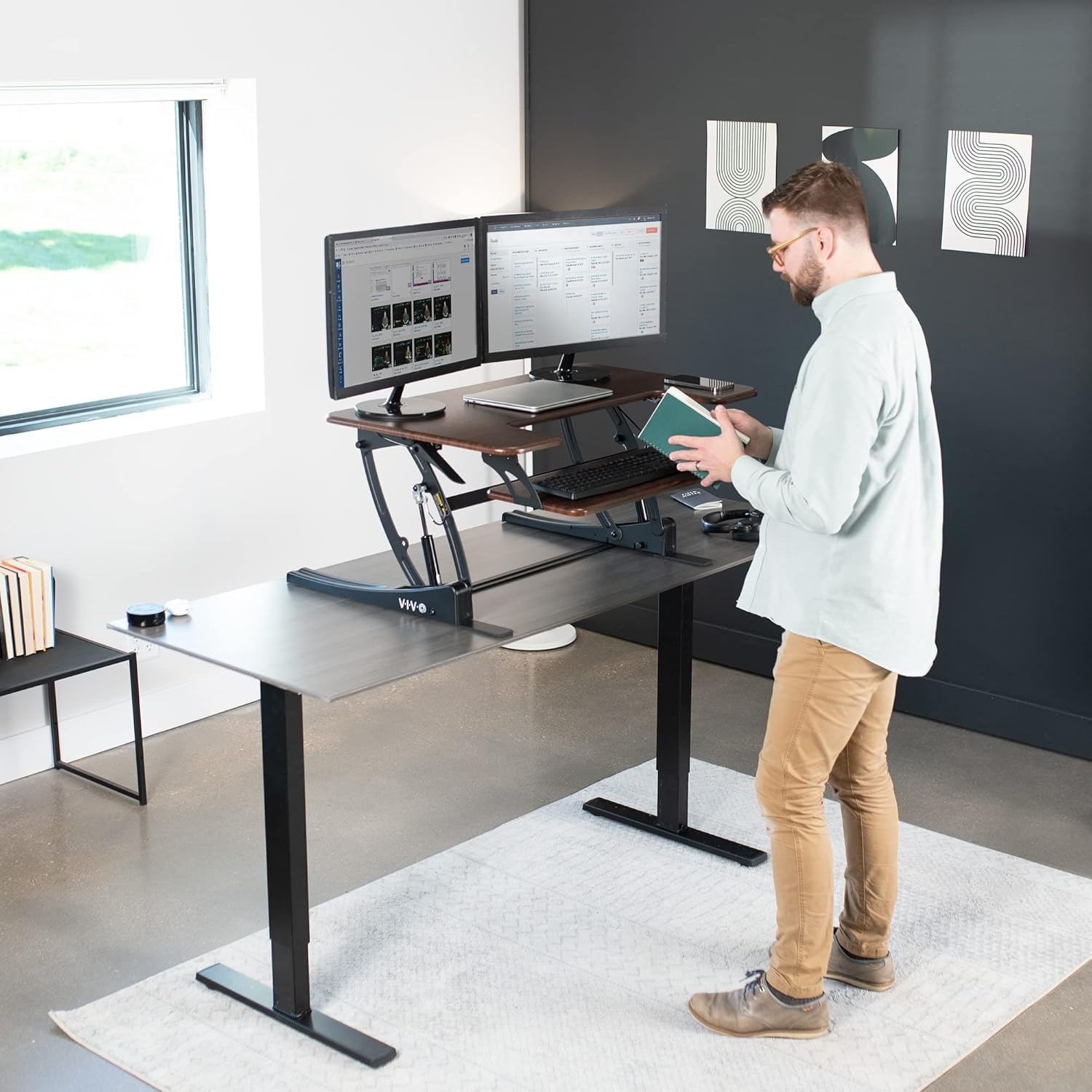 image:imageVIVO 32 inch Height Adjustable Stand Up Desk Converter V Series Quick Sit to Stand Tabletop Dual Monitor Riser Workstation Black DESKV000VSDark Walnut