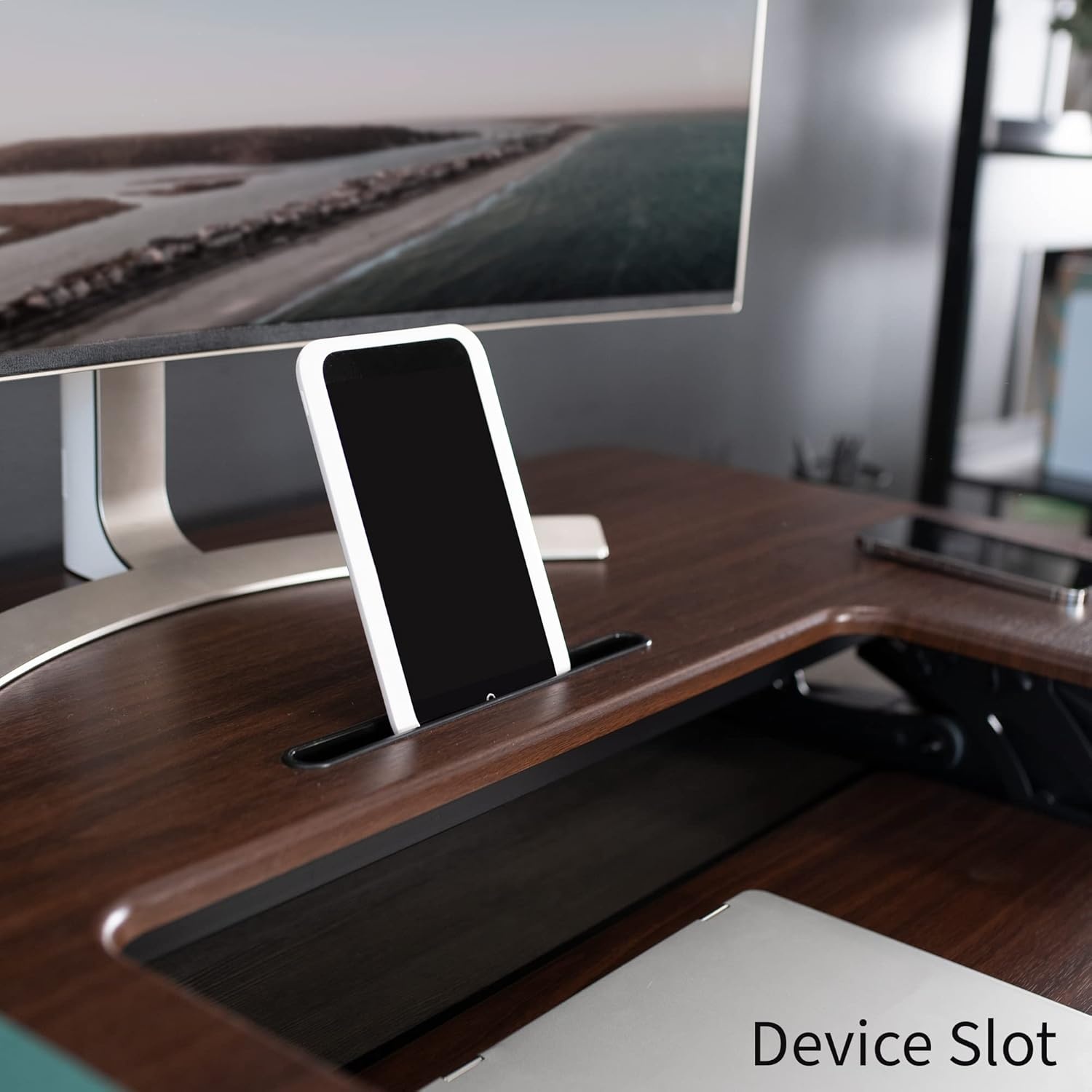 image:imageVIVO 32 inch Height Adjustable Stand Up Desk Converter V Series Quick Sit to Stand Tabletop Dual Monitor Riser Workstation Black DESKV000VSDark Walnut