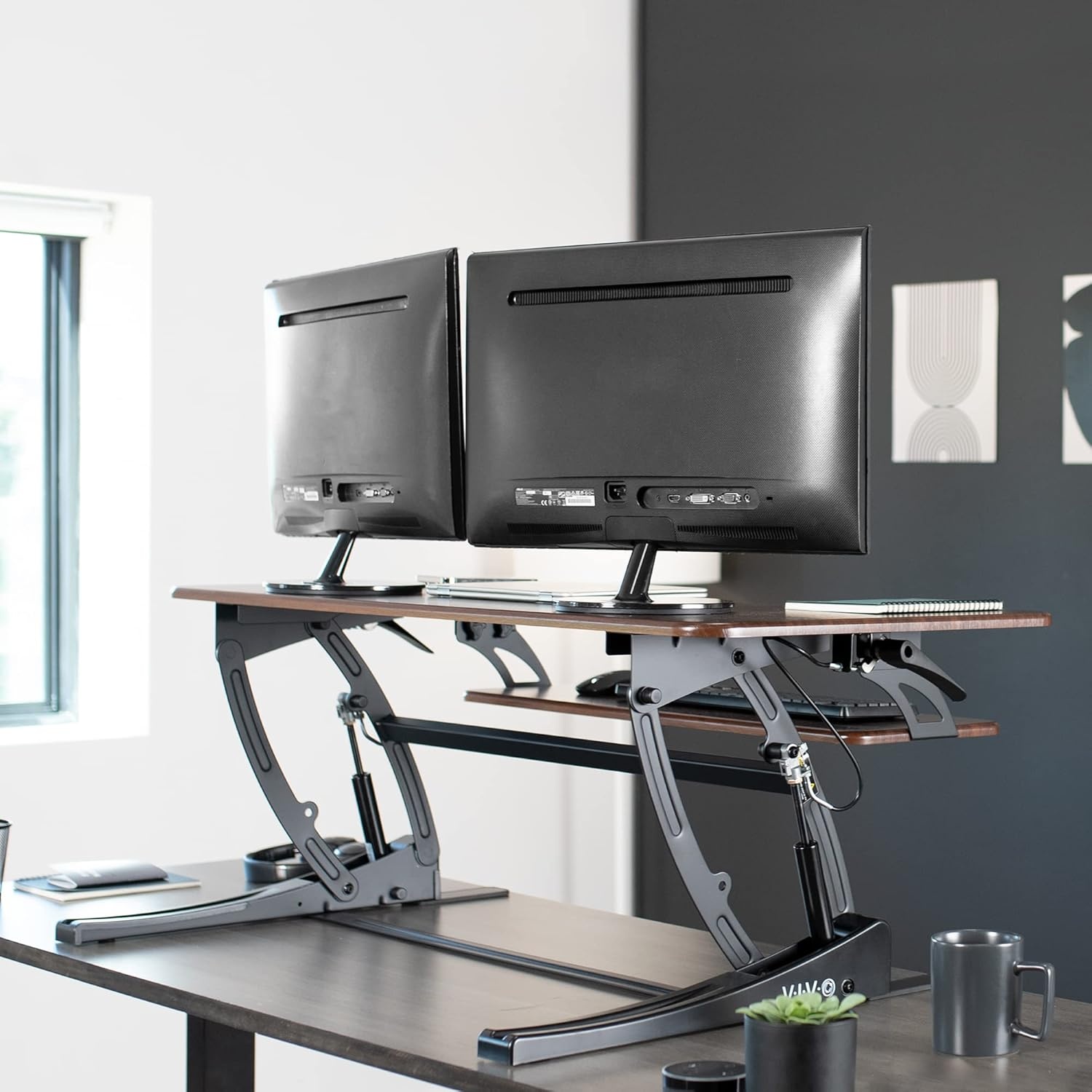 image:imageVIVO 32 inch Height Adjustable Stand Up Desk Converter V Series Quick Sit to Stand Tabletop Dual Monitor Riser Workstation Black DESKV000VSDark Walnut