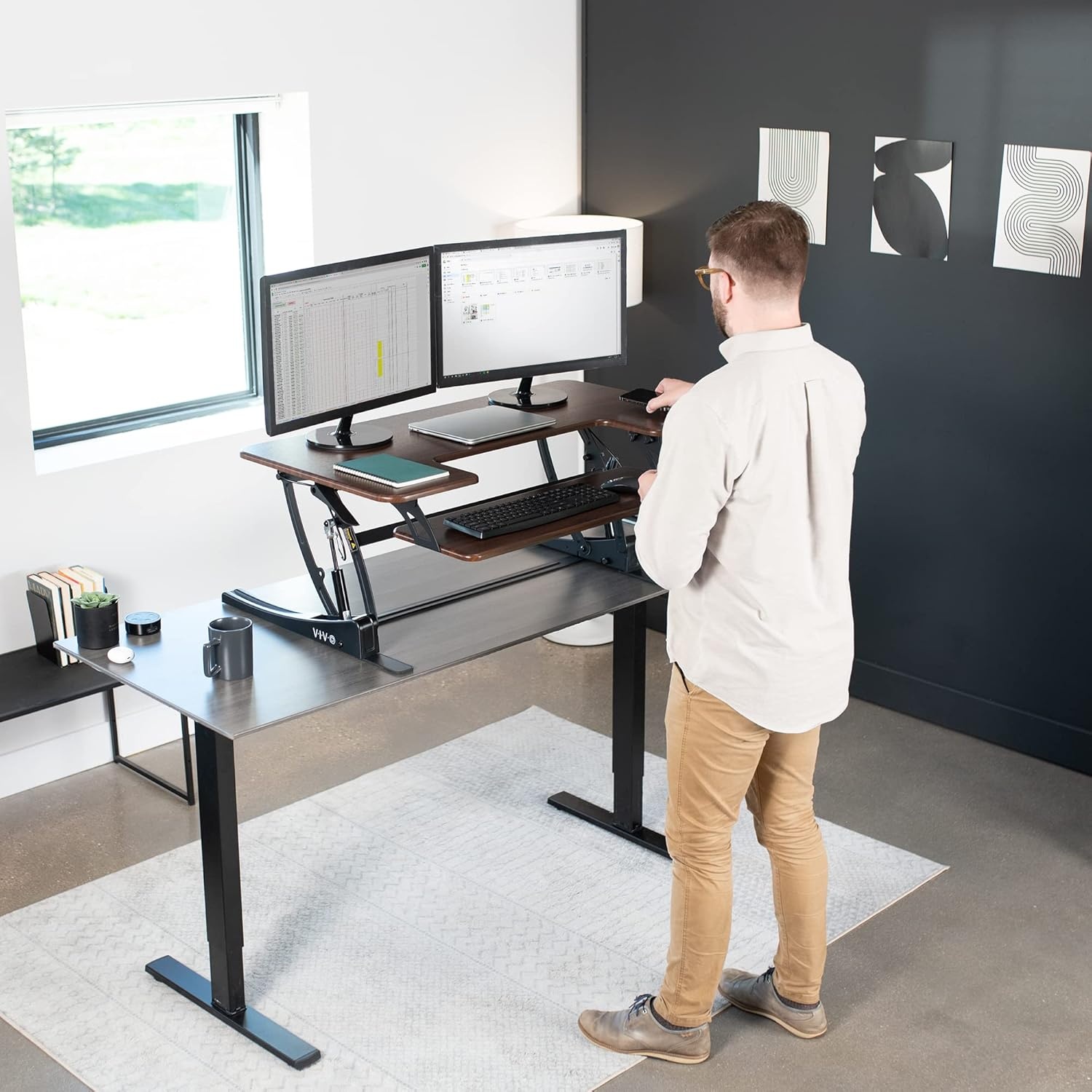 image:imageVIVO 32 inch Height Adjustable Stand Up Desk Converter V Series Quick Sit to Stand Tabletop Dual Monitor Riser Workstation Black DESKV000VSDark Walnut