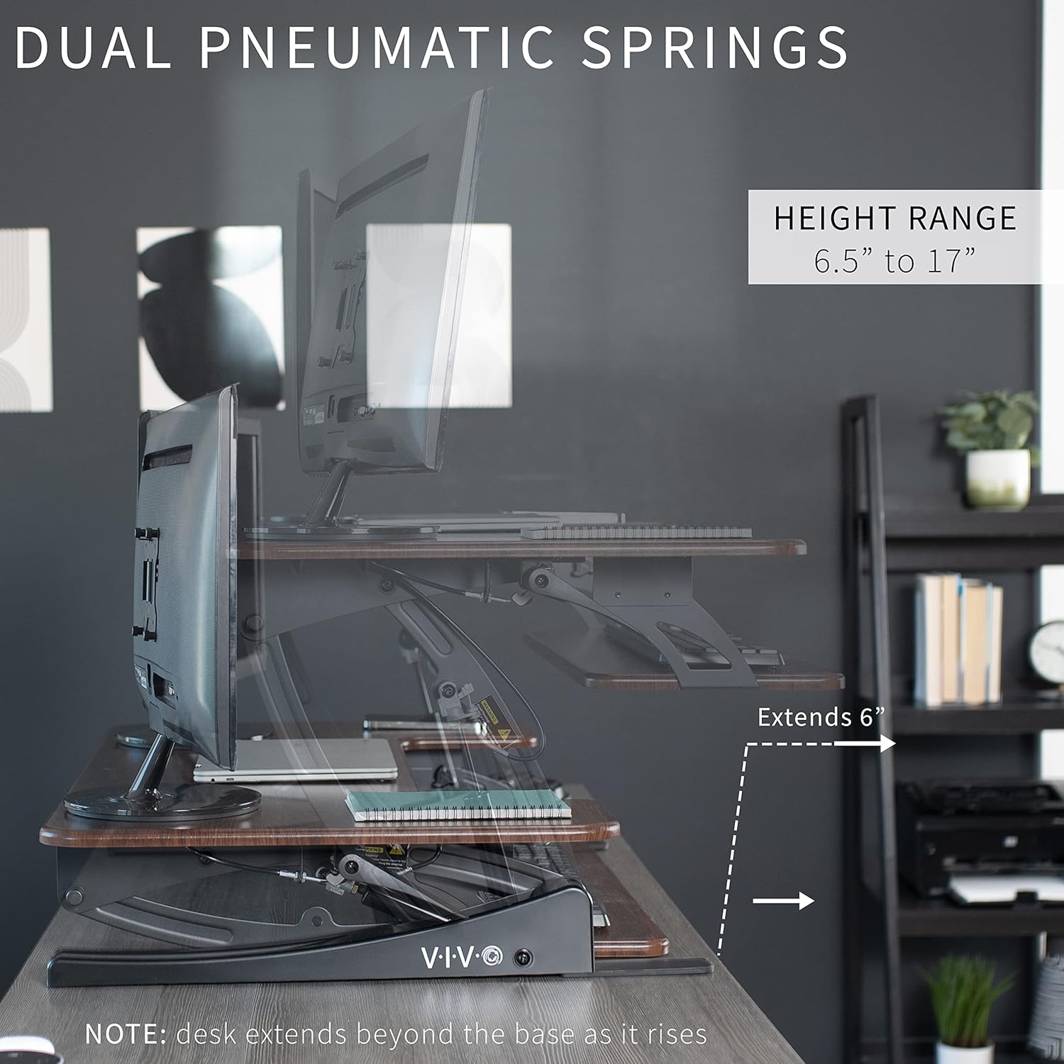 image:imageVIVO 32 inch Height Adjustable Stand Up Desk Converter V Series Quick Sit to Stand Tabletop Dual Monitor Riser Workstation Black DESKV000VSDark Walnut