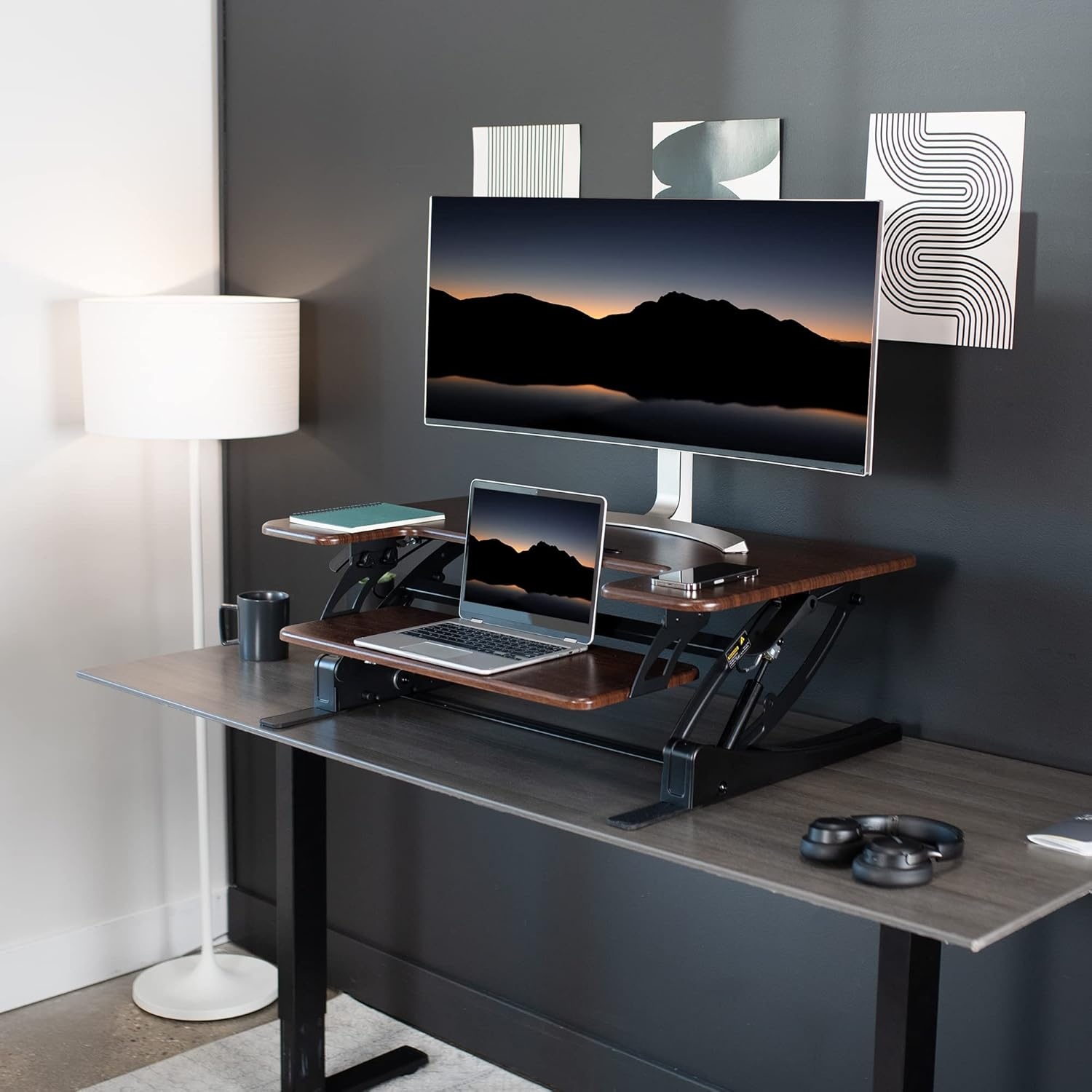 image:imageVIVO 32 inch Height Adjustable Stand Up Desk Converter V Series Quick Sit to Stand Tabletop Dual Monitor Riser Workstation Black DESKV000VSDark Walnut