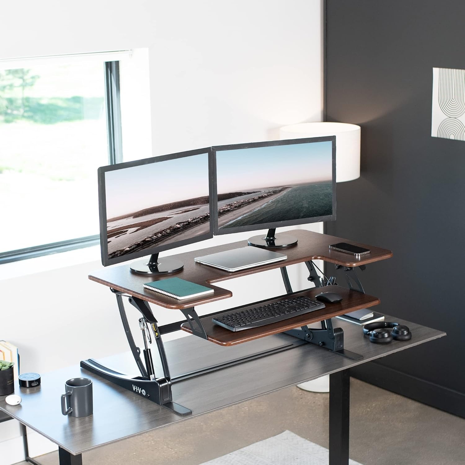 image:imageVIVO 32 inch Height Adjustable Stand Up Desk Converter V Series Quick Sit to Stand Tabletop Dual Monitor Riser Workstation Black DESKV000VSDark Walnut