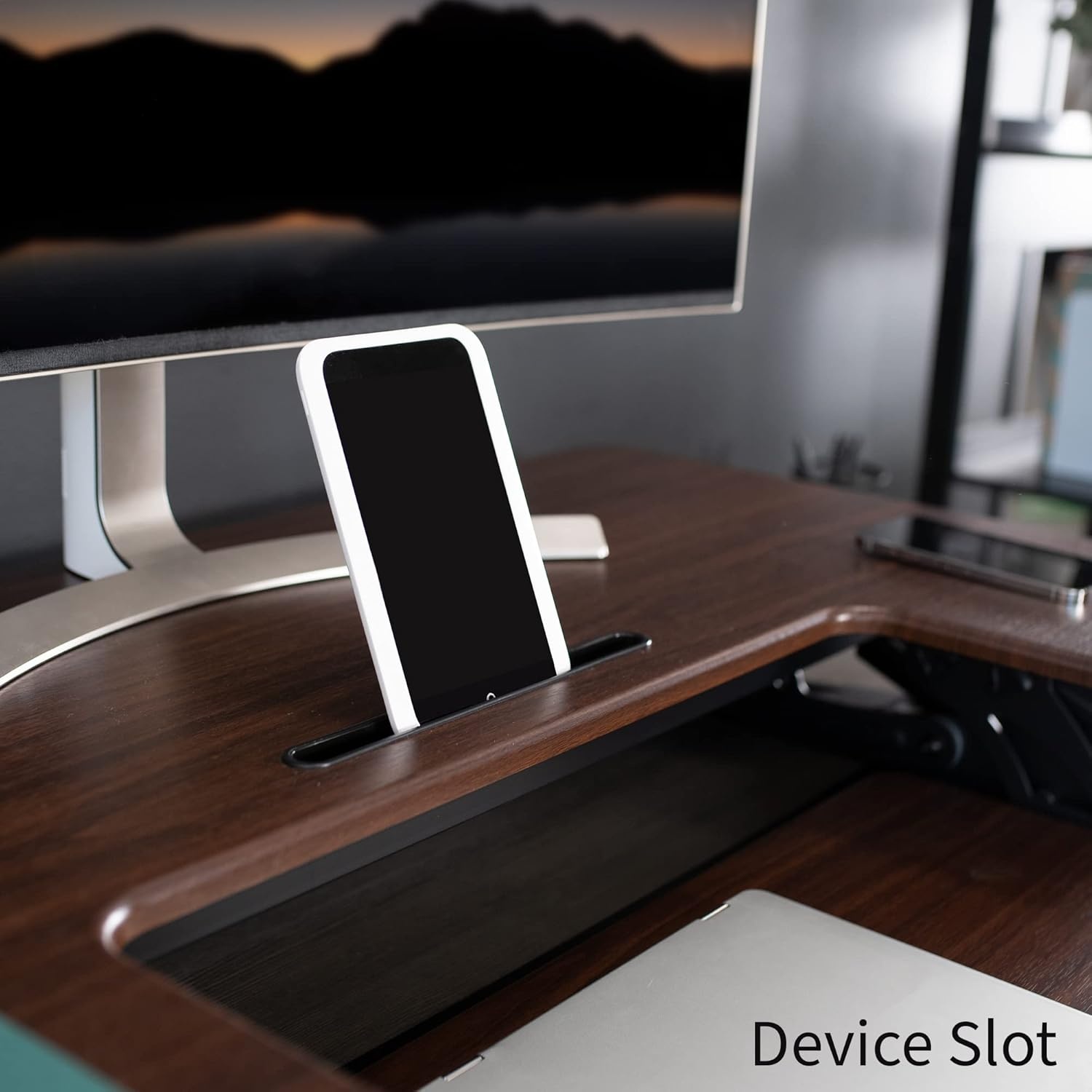 image:imageVIVO 32 inch Height Adjustable Stand Up Desk Converter V Series Quick Sit to Stand Tabletop Dual Monitor Riser Workstation Black DESKV000VSDark Walnut