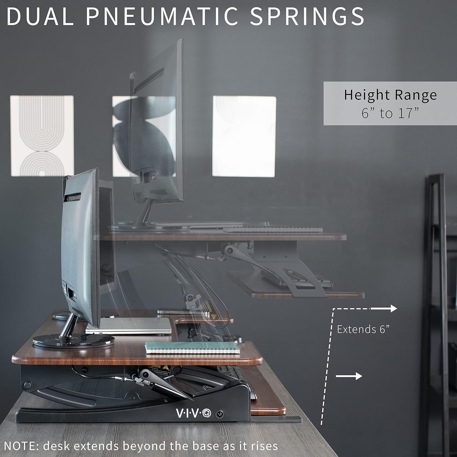 image:imageVIVO 32 inch Height Adjustable Stand Up Desk Converter V Series Quick Sit to Stand Tabletop Dual Monitor Riser Workstation Black DESKV000VSDark Walnut