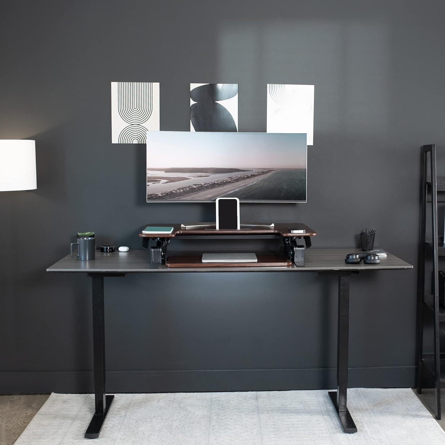 image:imageVIVO 32 inch Height Adjustable Stand Up Desk Converter V Series Quick Sit to Stand Tabletop Dual Monitor Riser Workstation Black DESKV000VSDark Walnut