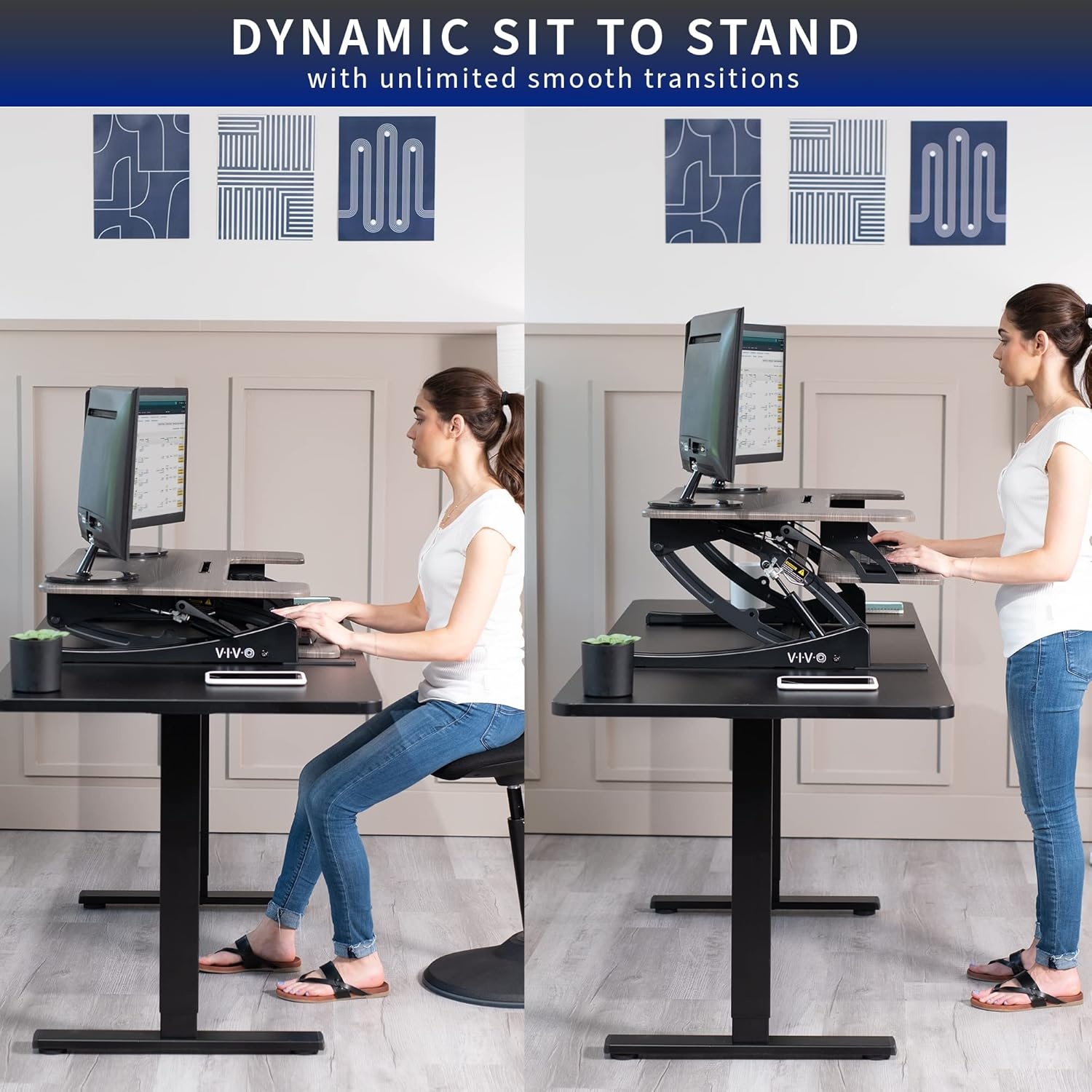 image:imageVIVO 32 inch Height Adjustable Stand Up Desk Converter V Series Quick Sit to Stand Tabletop Dual Monitor Riser Workstation Black DESKV000VSGrey
