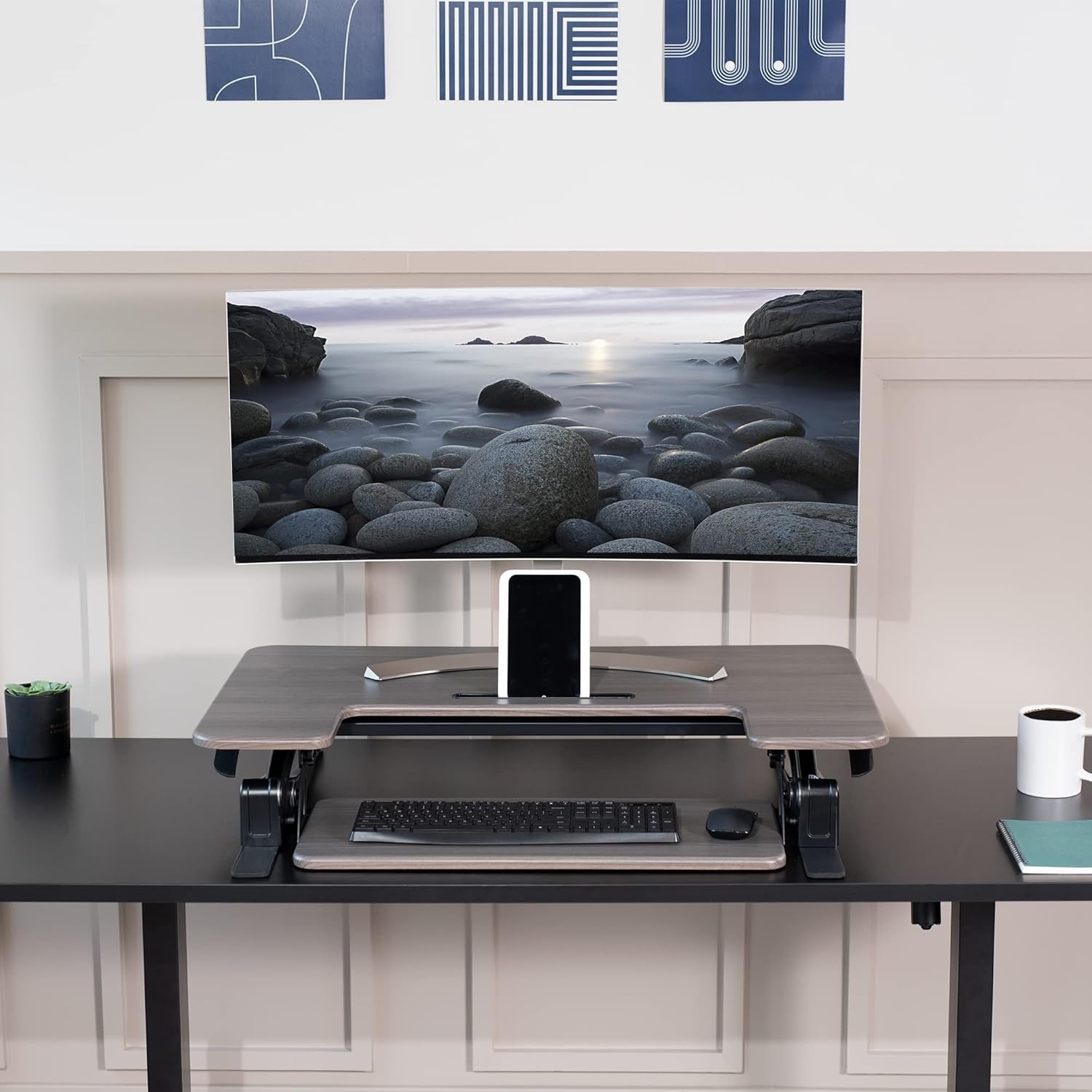 image:imageVIVO 32 inch Height Adjustable Stand Up Desk Converter V Series Quick Sit to Stand Tabletop Dual Monitor Riser Workstation Black DESKV000VSGrey