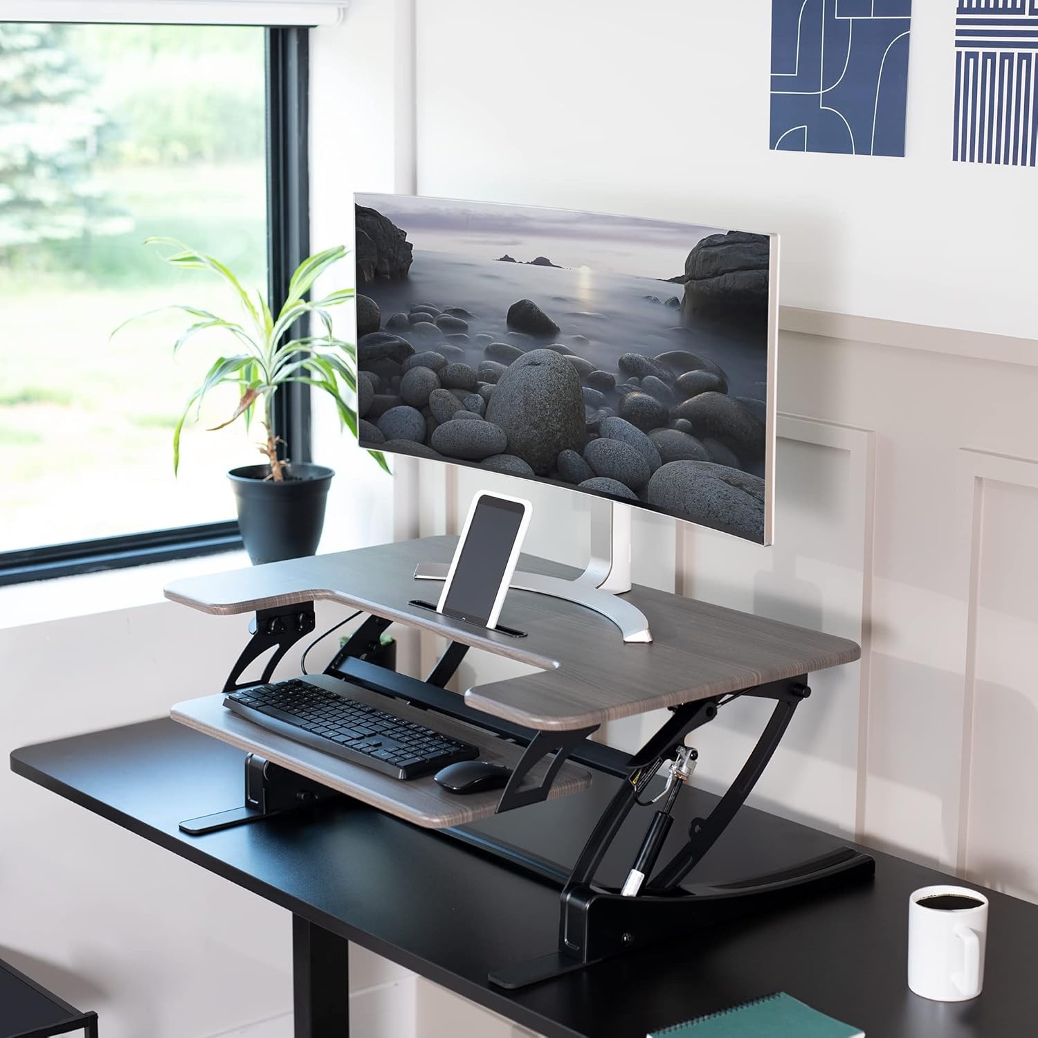 image:imageVIVO 32 inch Height Adjustable Stand Up Desk Converter V Series Quick Sit to Stand Tabletop Dual Monitor Riser Workstation Black DESKV000VSGrey