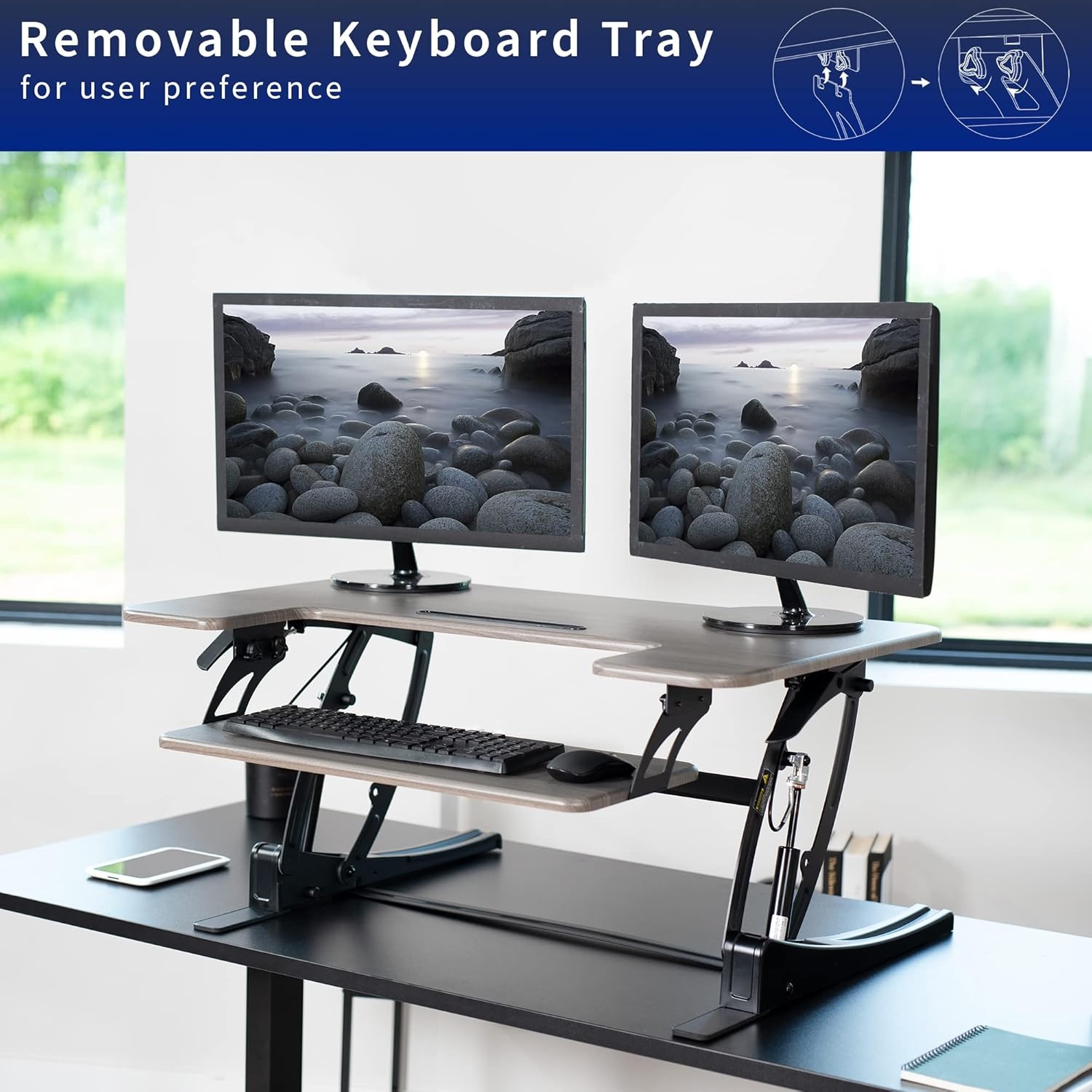 image:imageVIVO 32 inch Height Adjustable Stand Up Desk Converter V Series Quick Sit to Stand Tabletop Dual Monitor Riser Workstation Black DESKV000VSGrey