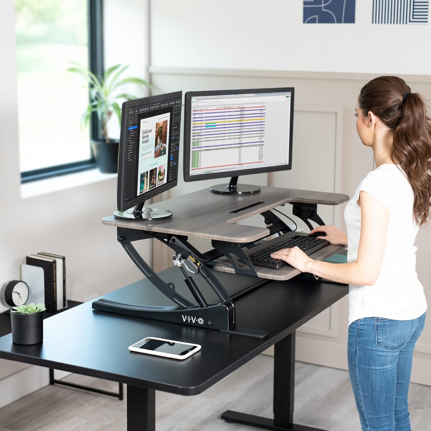 image:imageVIVO 32 inch Height Adjustable Stand Up Desk Converter V Series Quick Sit to Stand Tabletop Dual Monitor Riser Workstation Black DESKV000VSGrey