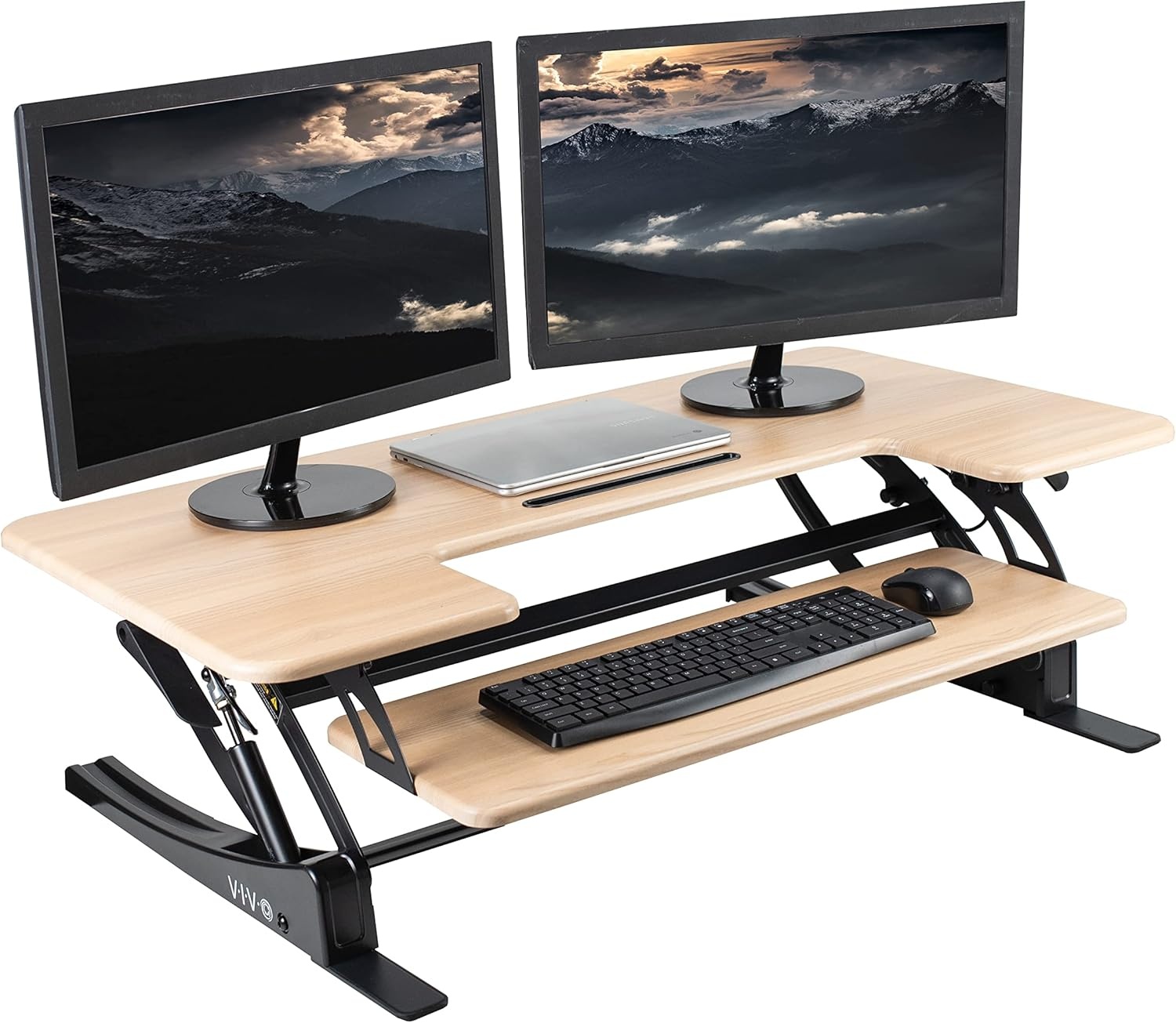image:imageVIVO 32 inch Height Adjustable Stand Up Desk Converter V Series Quick Sit to Stand Tabletop Dual Monitor Riser Workstation Black DESKV000VSLight Wood Black