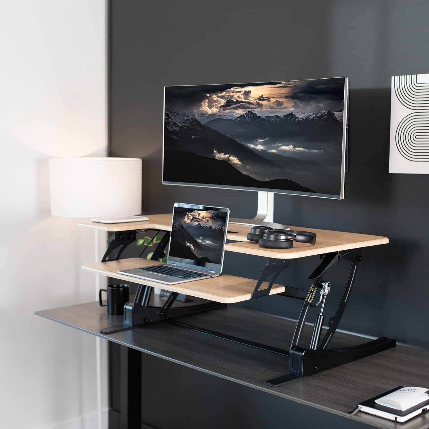 image:imageVIVO 32 inch Height Adjustable Stand Up Desk Converter V Series Quick Sit to Stand Tabletop Dual Monitor Riser Workstation Black DESKV000VSLight Wood Black