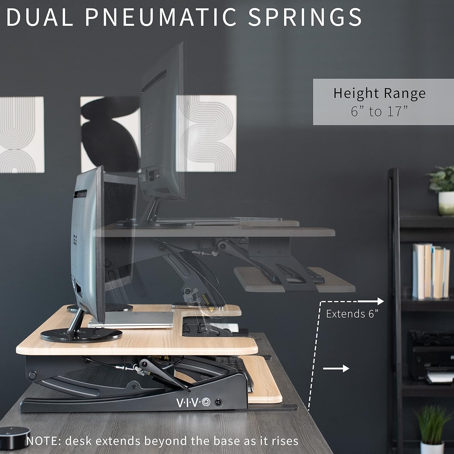 image:imageVIVO 32 inch Height Adjustable Stand Up Desk Converter V Series Quick Sit to Stand Tabletop Dual Monitor Riser Workstation Black DESKV000VSLight Wood Black