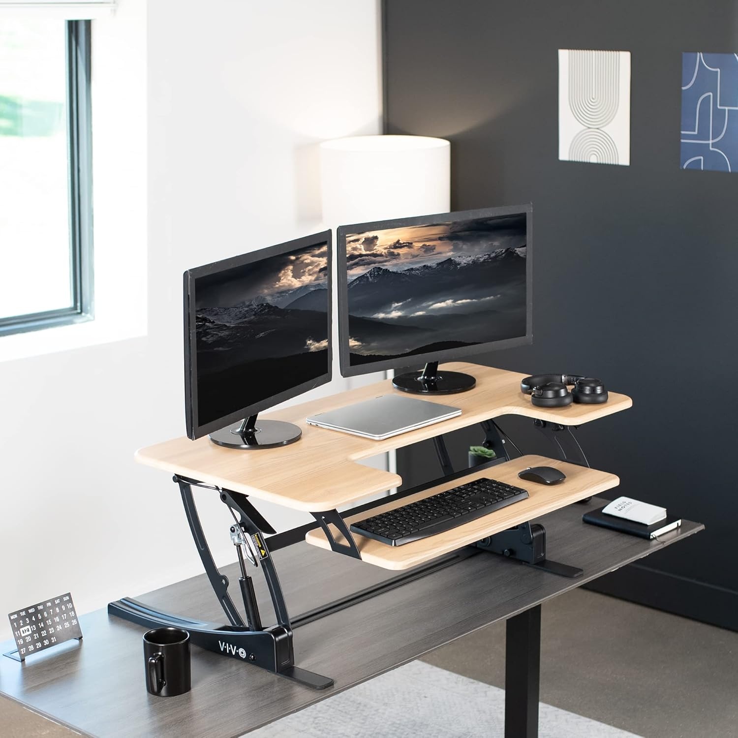 image:imageVIVO 32 inch Height Adjustable Stand Up Desk Converter V Series Quick Sit to Stand Tabletop Dual Monitor Riser Workstation Black DESKV000VSLight Wood Black