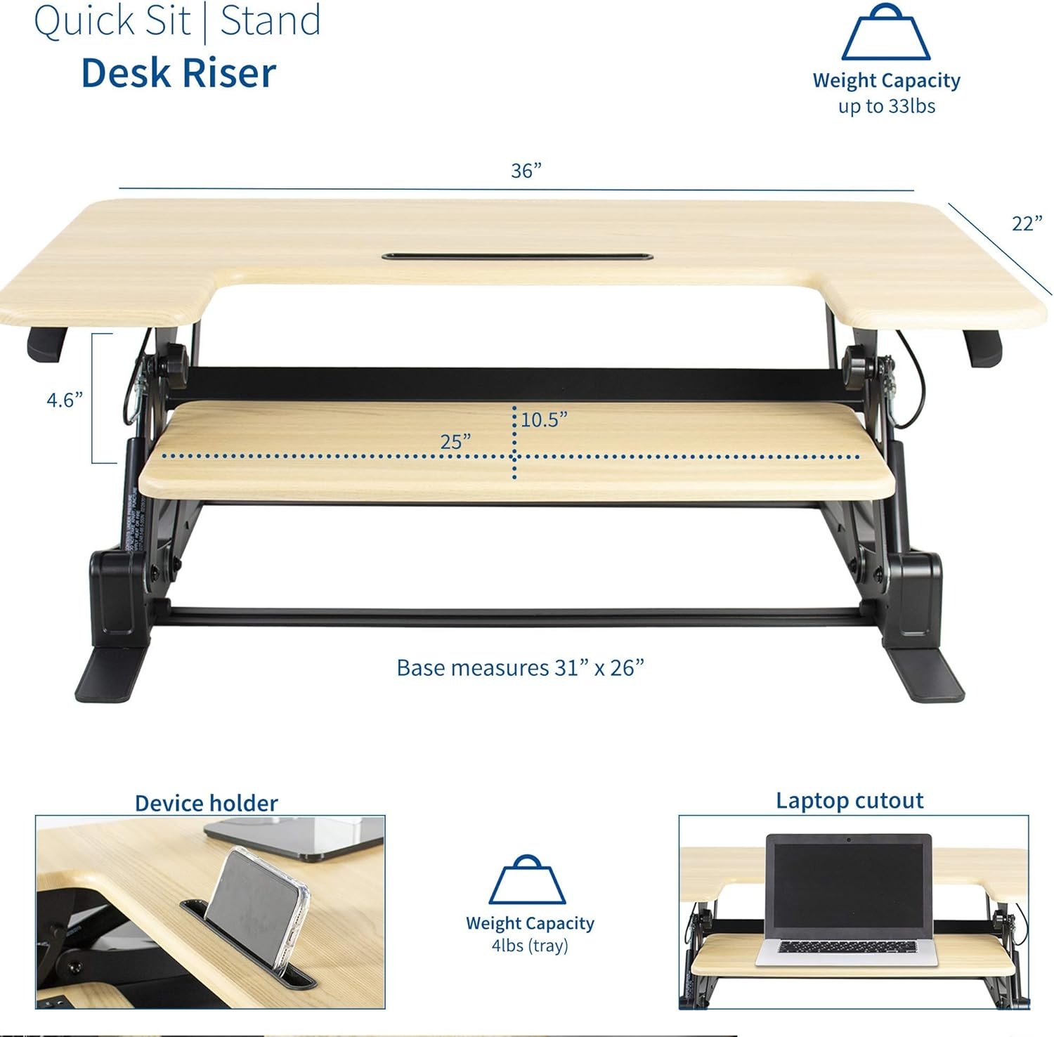 image:imageVIVO 32 inch Height Adjustable Stand Up Desk Converter V Series Quick Sit to Stand Tabletop Dual Monitor Riser Workstation Black DESKV000VSLight Wood Black