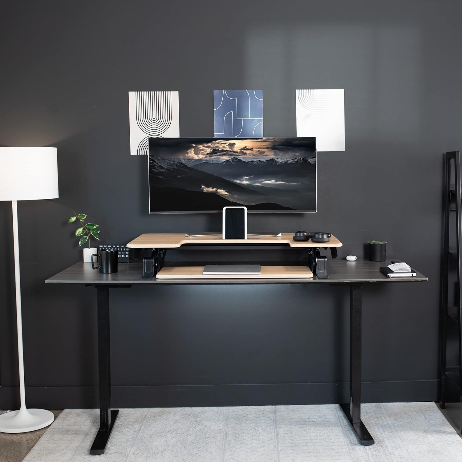 image:imageVIVO 32 inch Height Adjustable Stand Up Desk Converter V Series Quick Sit to Stand Tabletop Dual Monitor Riser Workstation Black DESKV000VSLight Wood Black