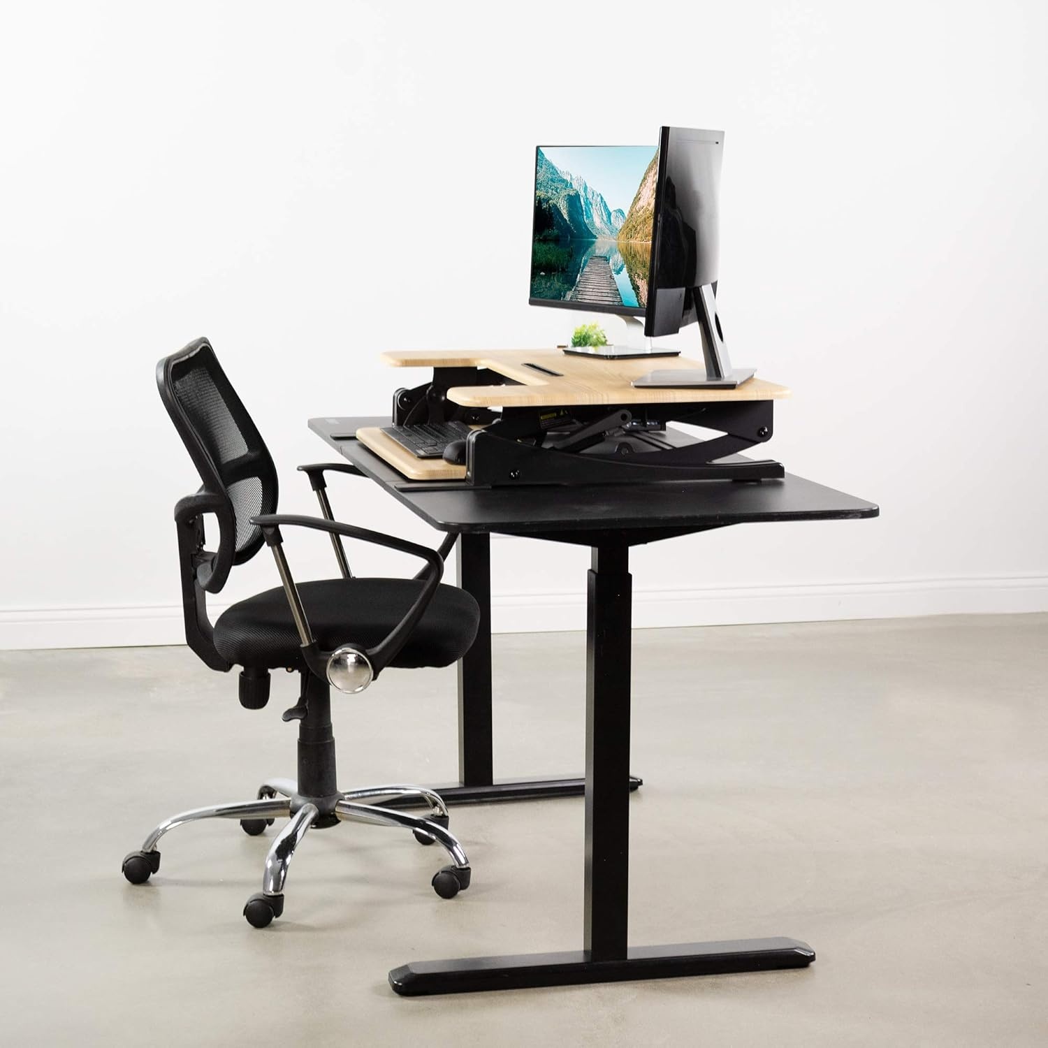 image:imageVIVO 32 inch Height Adjustable Stand Up Desk Converter V Series Quick Sit to Stand Tabletop Dual Monitor Riser Workstation Black DESKV000VSLight Wood Black