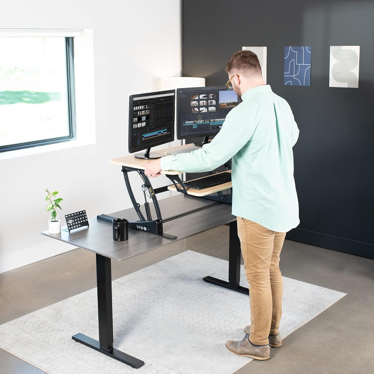 image:imageVIVO 32 inch Height Adjustable Stand Up Desk Converter V Series Quick Sit to Stand Tabletop Dual Monitor Riser Workstation Black DESKV000VSLight Wood Black