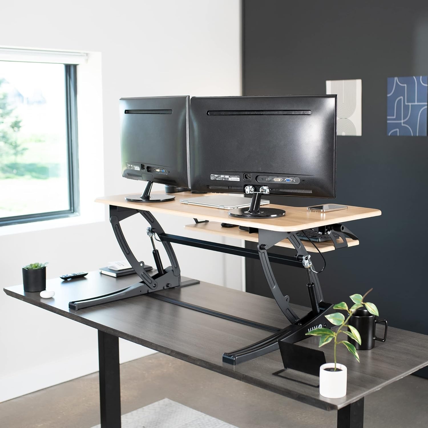 image:imageVIVO 32 inch Height Adjustable Stand Up Desk Converter V Series Quick Sit to Stand Tabletop Dual Monitor Riser Workstation Black DESKV000VSLight Wood Black
