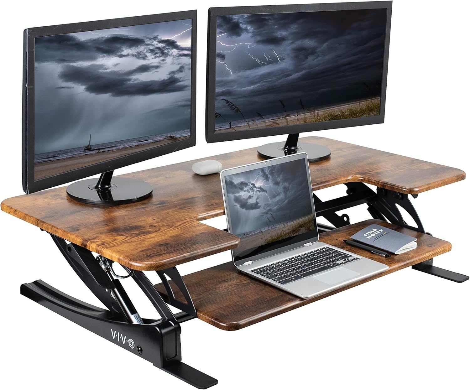 image:imageVIVO 32 inch Height Adjustable Stand Up Desk Converter V Series Quick Sit to Stand Tabletop Dual Monitor Riser Workstation Black DESKV000VSVintage Brown