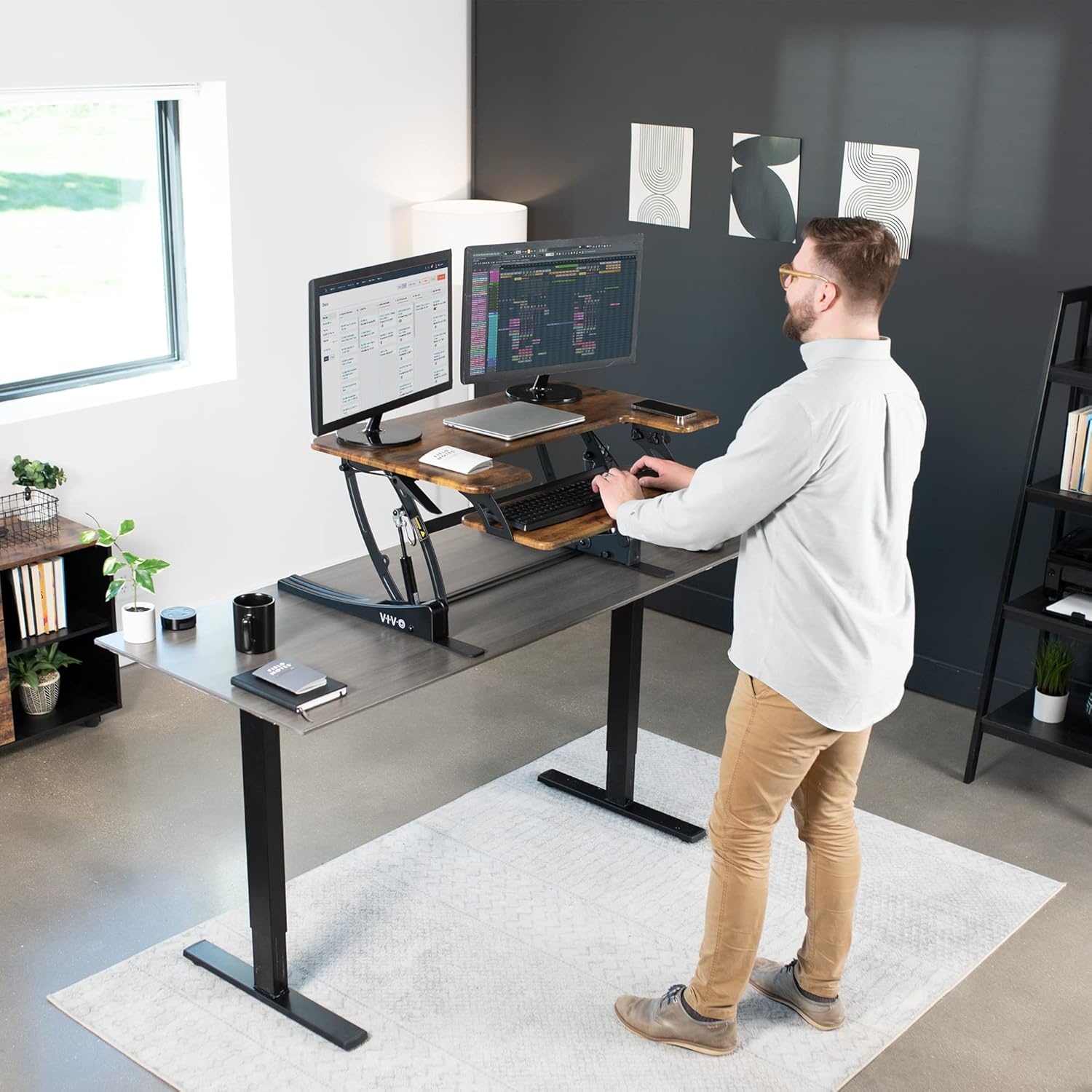 image:imageVIVO 32 inch Height Adjustable Stand Up Desk Converter V Series Quick Sit to Stand Tabletop Dual Monitor Riser Workstation Black DESKV000VSVintage Brown
