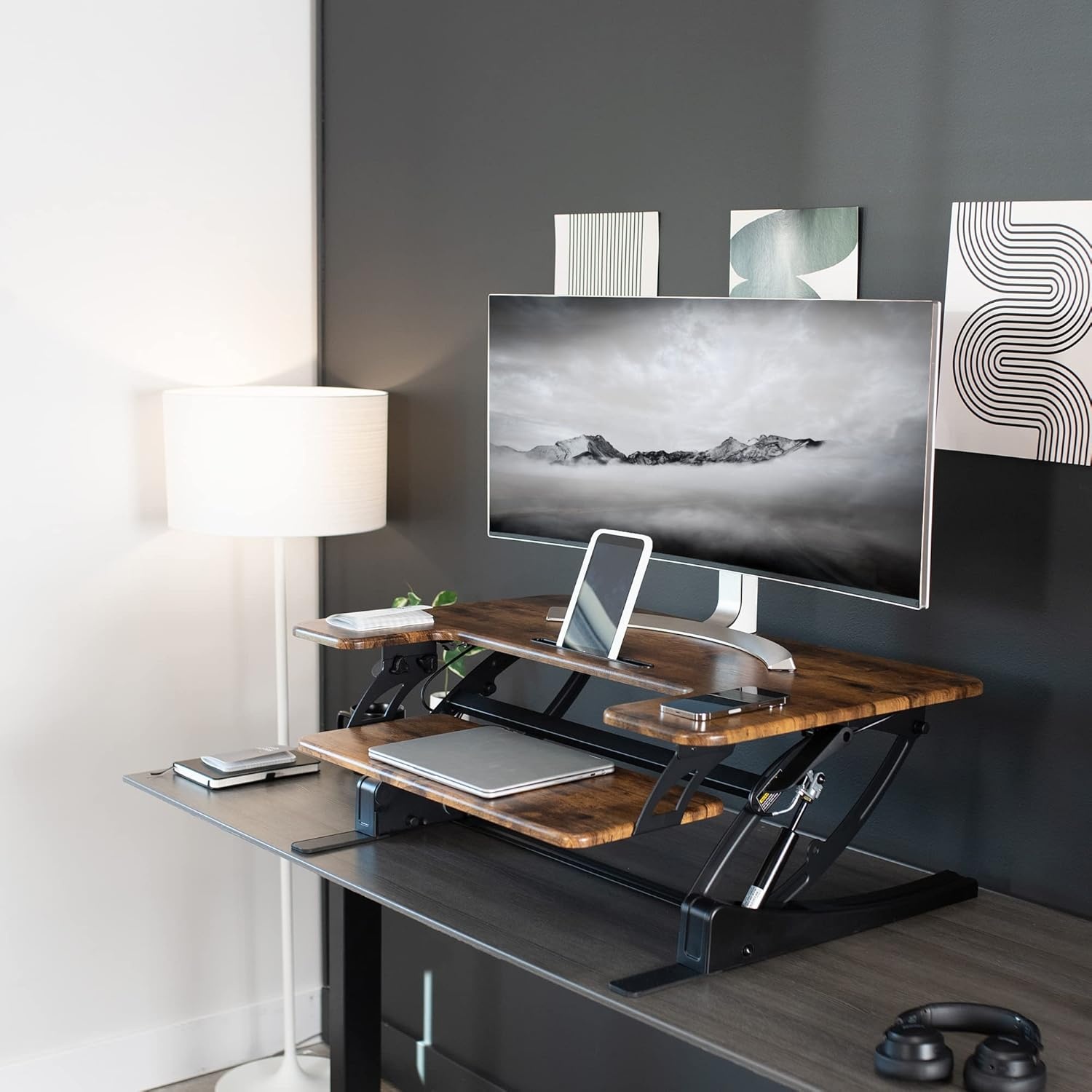 image:imageVIVO 32 inch Height Adjustable Stand Up Desk Converter V Series Quick Sit to Stand Tabletop Dual Monitor Riser Workstation Black DESKV000VSVintage Brown