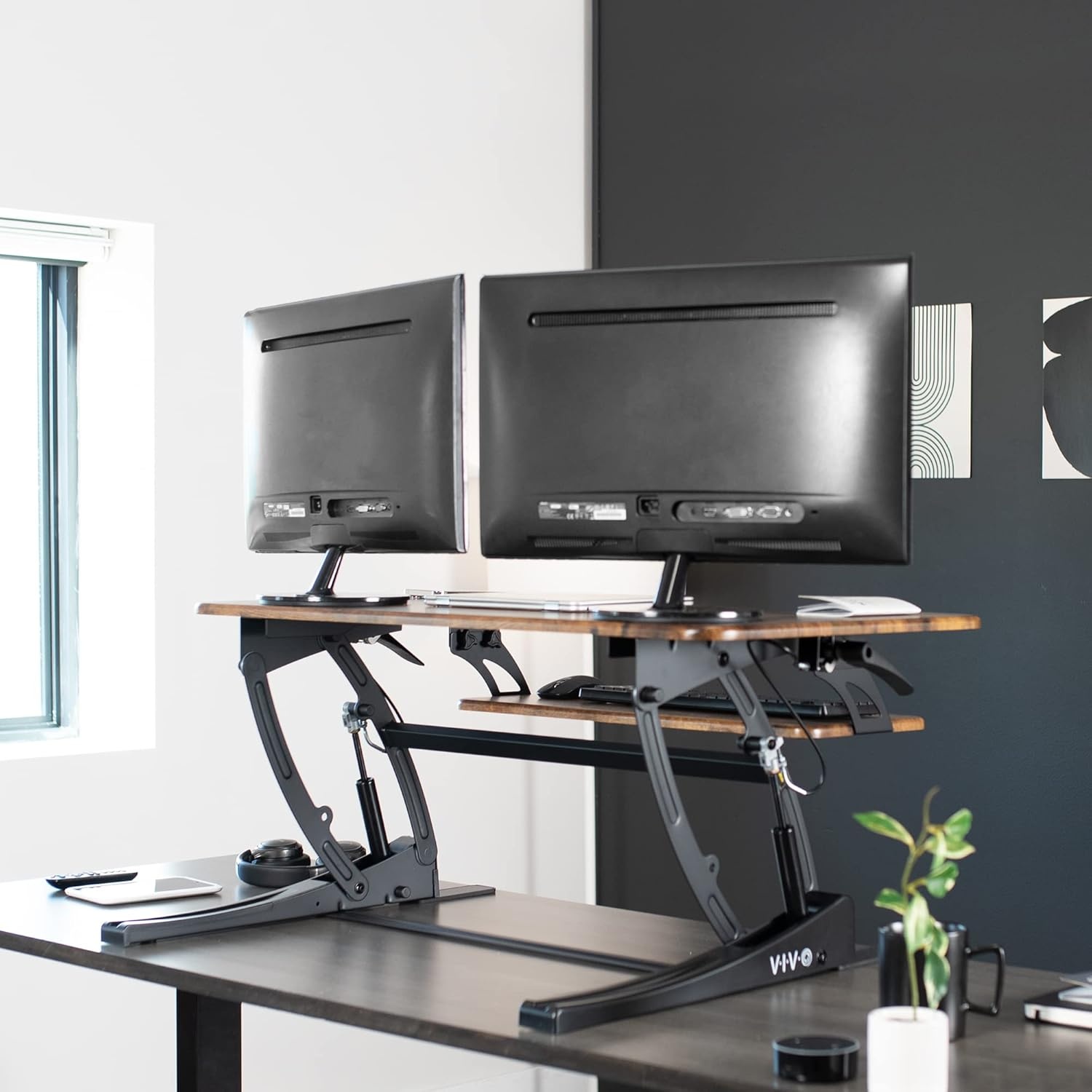 image:imageVIVO 32 inch Height Adjustable Stand Up Desk Converter V Series Quick Sit to Stand Tabletop Dual Monitor Riser Workstation Black DESKV000VSVintage Brown