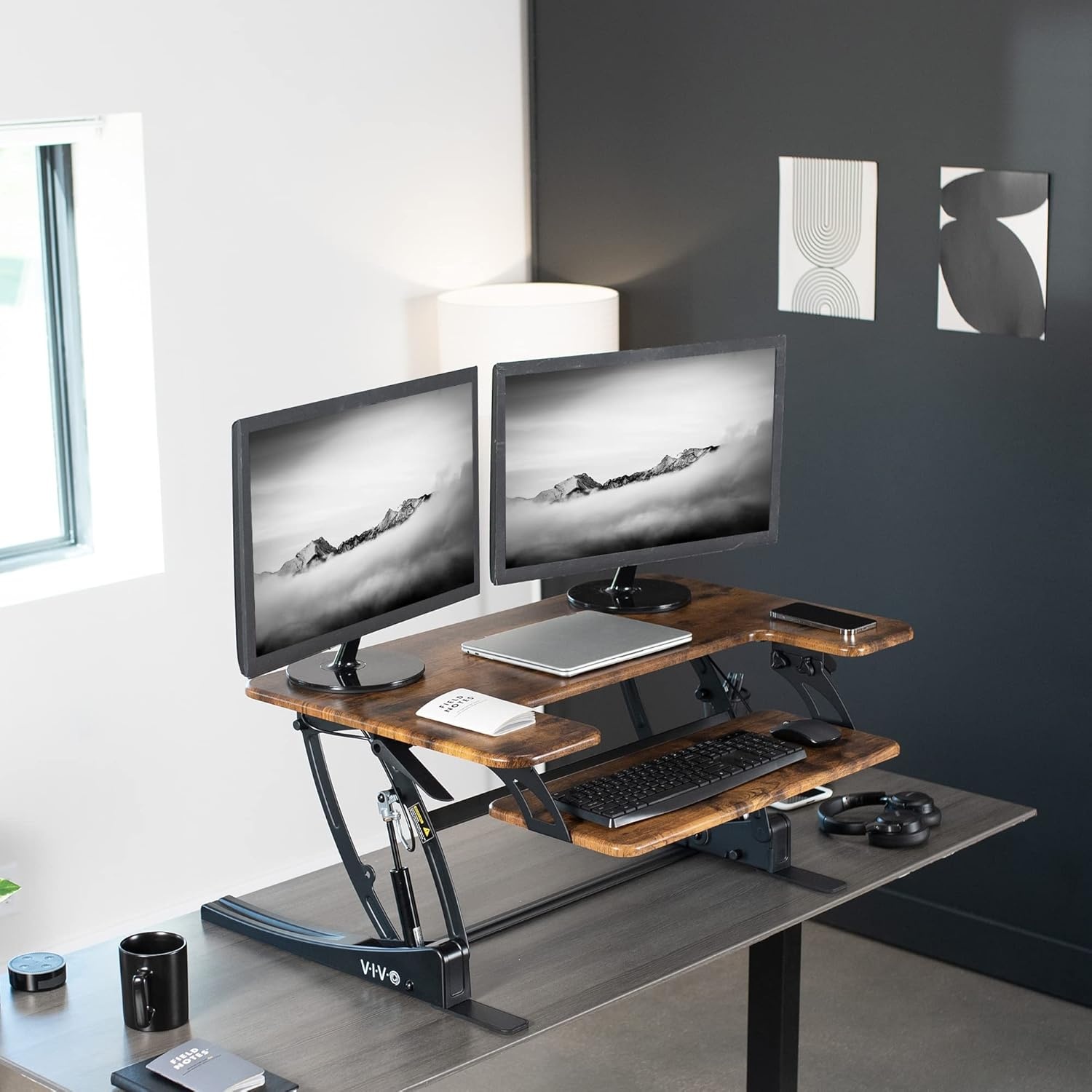 image:imageVIVO 32 inch Height Adjustable Stand Up Desk Converter V Series Quick Sit to Stand Tabletop Dual Monitor Riser Workstation Black DESKV000VSVintage Brown