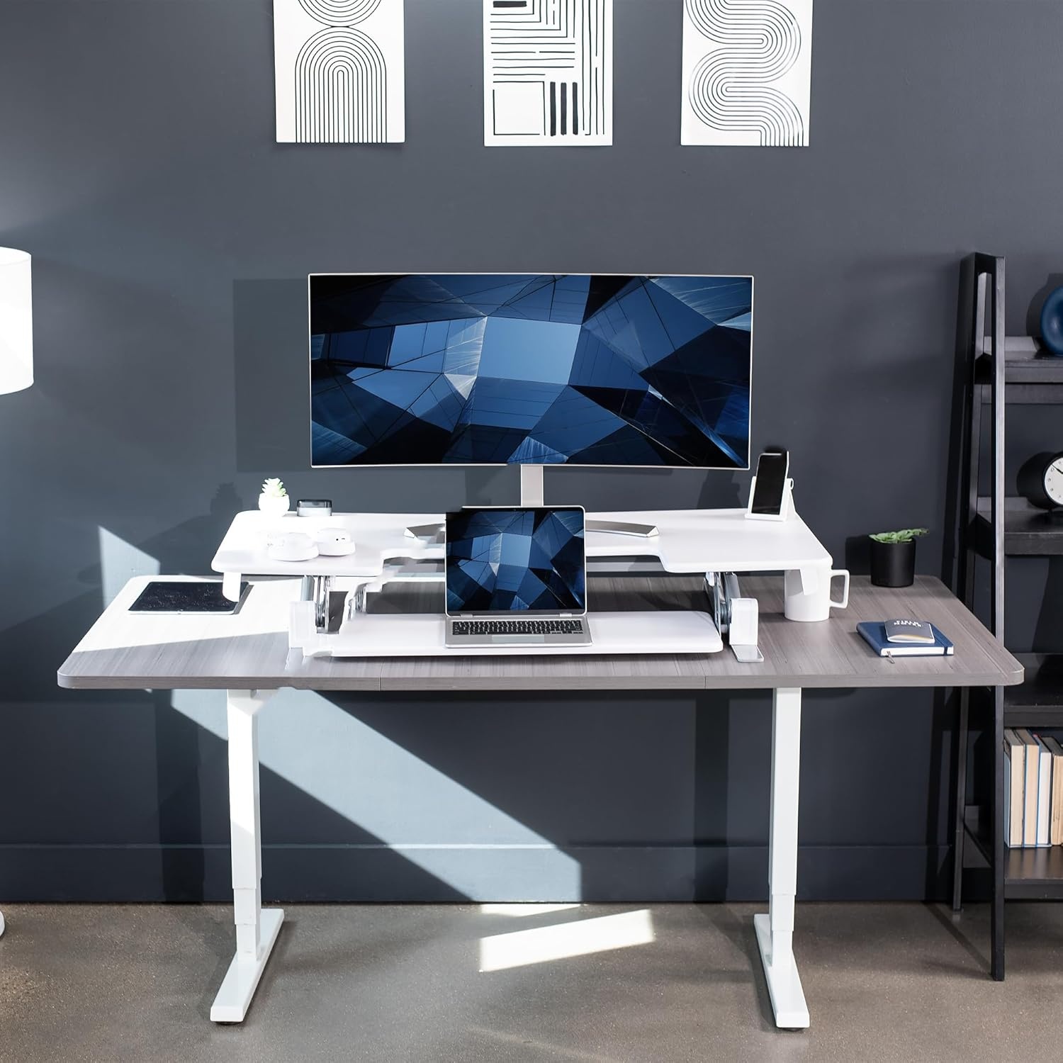 image:imageVIVO 32 inch Height Adjustable Stand Up Desk Converter V Series Quick Sit to Stand Tabletop Dual Monitor Riser Workstation Black DESKV000VSWhite
